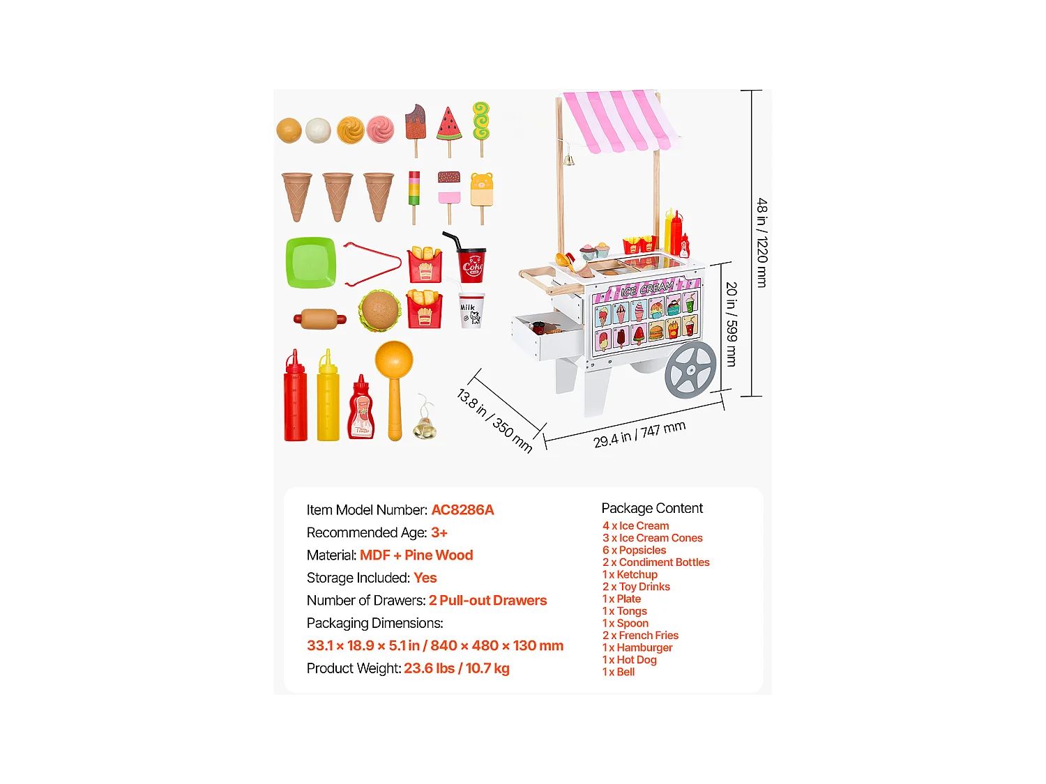 Carretto dei Gelati SucceBuy per Bambini, Oltre 20 Accessori, Set da Gioco con Bancarella dei Gelati, con Cono Gelato, Ghiacciolo, per Bambini dai 3 ai 7 Anni