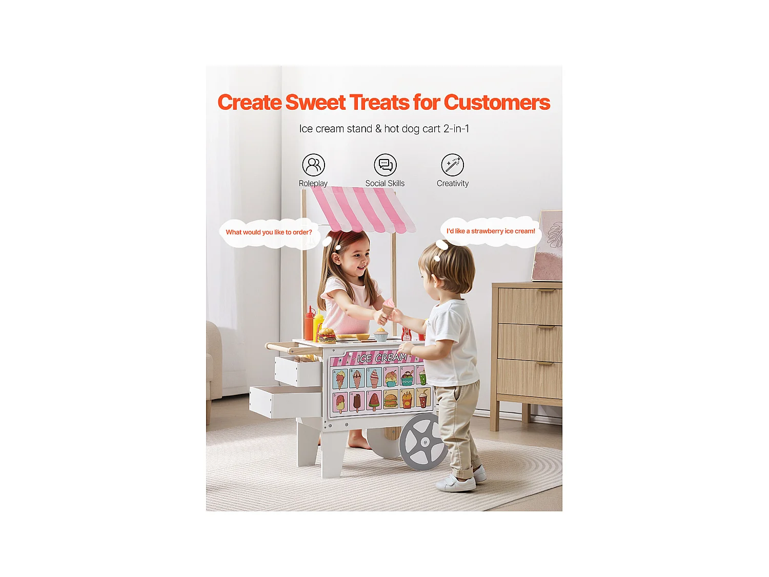 Carretto dei Gelati SucceBuy per Bambini, Oltre 20 Accessori, Set da Gioco con Bancarella dei Gelati, con Cono Gelato, Ghiacciolo, per Bambini dai 3 ai 7 Anni