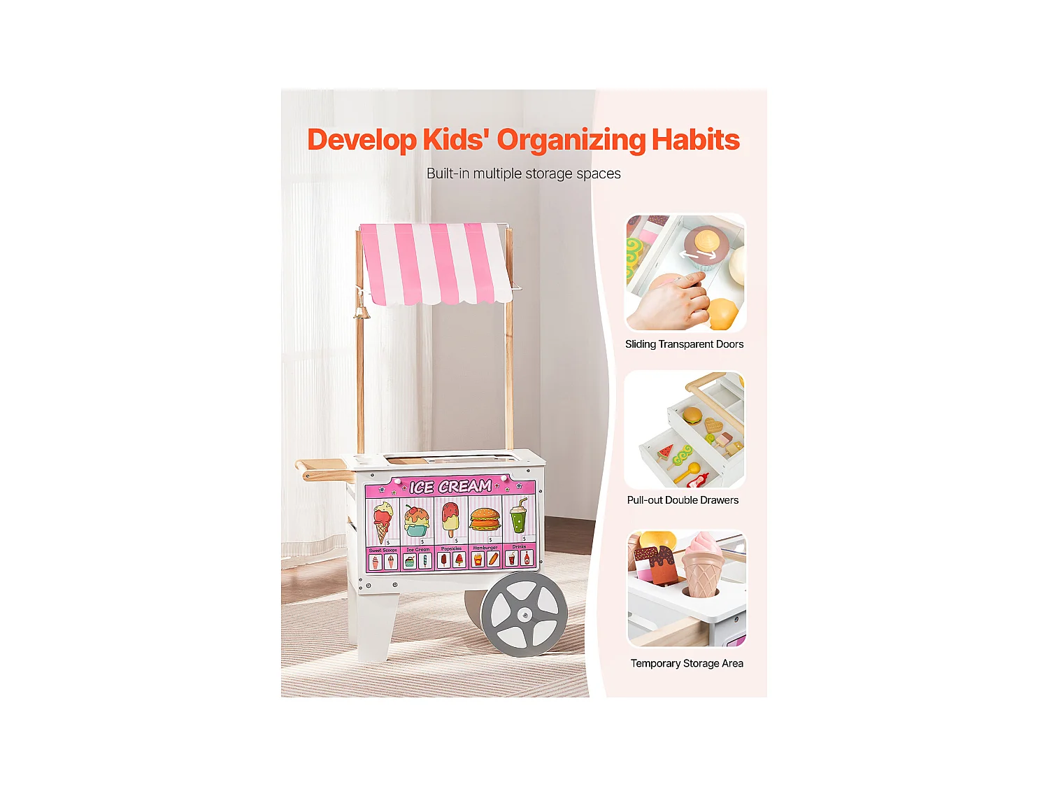 Carretto dei Gelati SucceBuy per Bambini, Oltre 20 Accessori, Set da Gioco con Bancarella dei Gelati, con Cono Gelato, Ghiacciolo, per Bambini dai 3 ai 7 Anni