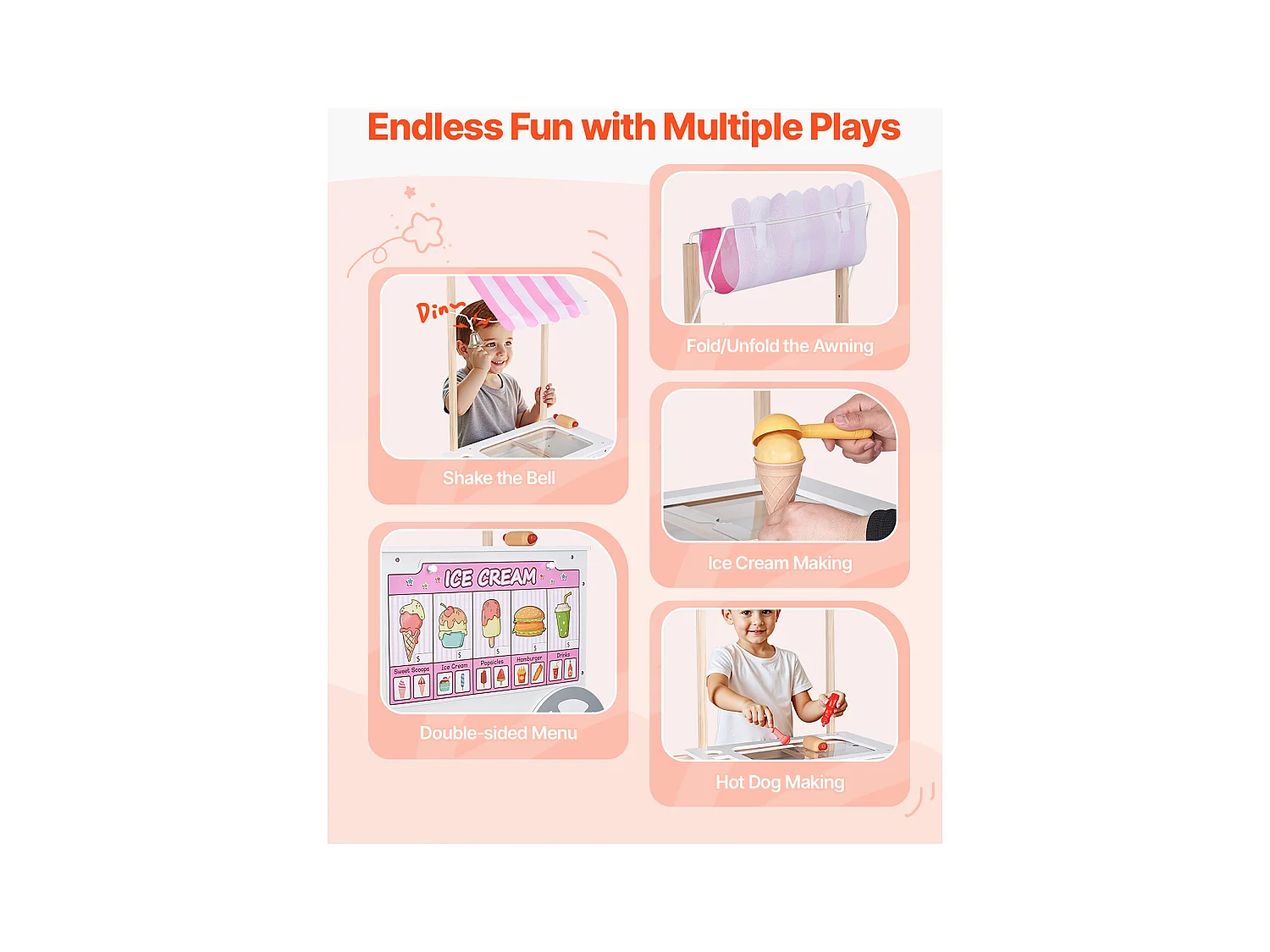 Carretto dei Gelati SucceBuy per Bambini, Oltre 20 Accessori, Set da Gioco con Bancarella dei Gelati, con Cono Gelato, Ghiacciolo, per Bambini dai 3 ai 7 Anni