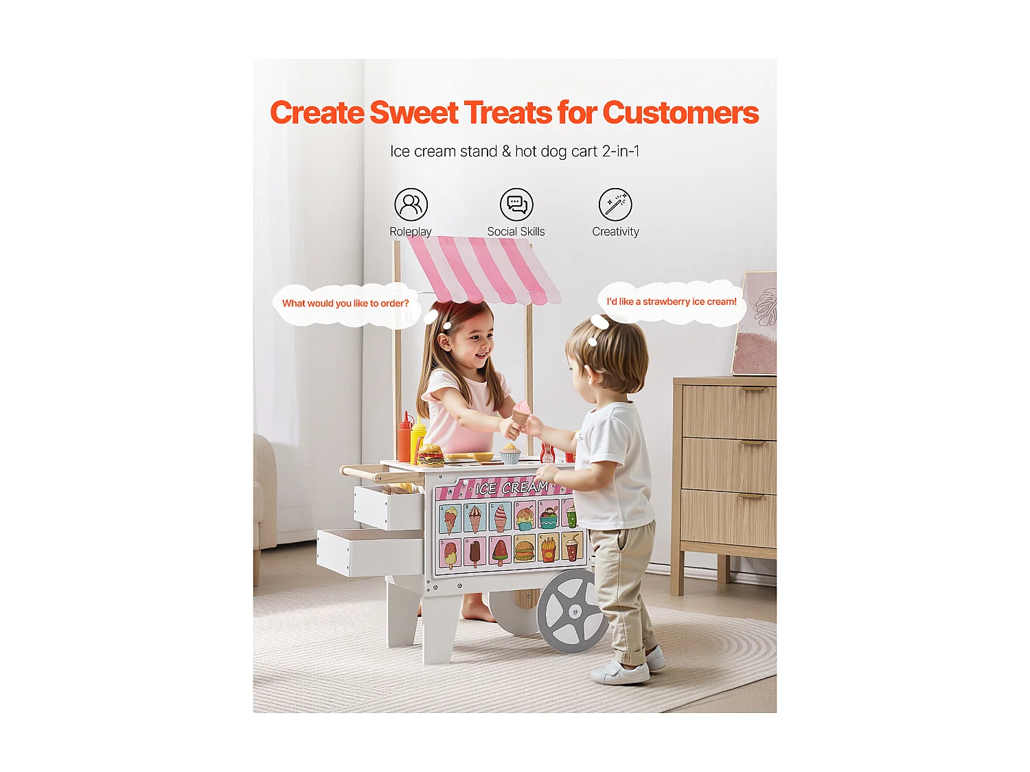 Eiswagen für Kinder SucceBuy, Über 20 Zubehörteile, Eisstand-Spielset aus Holz, mit Eistüte, Eis am Stiel, für Kleinkinder von 3–7 Jahren