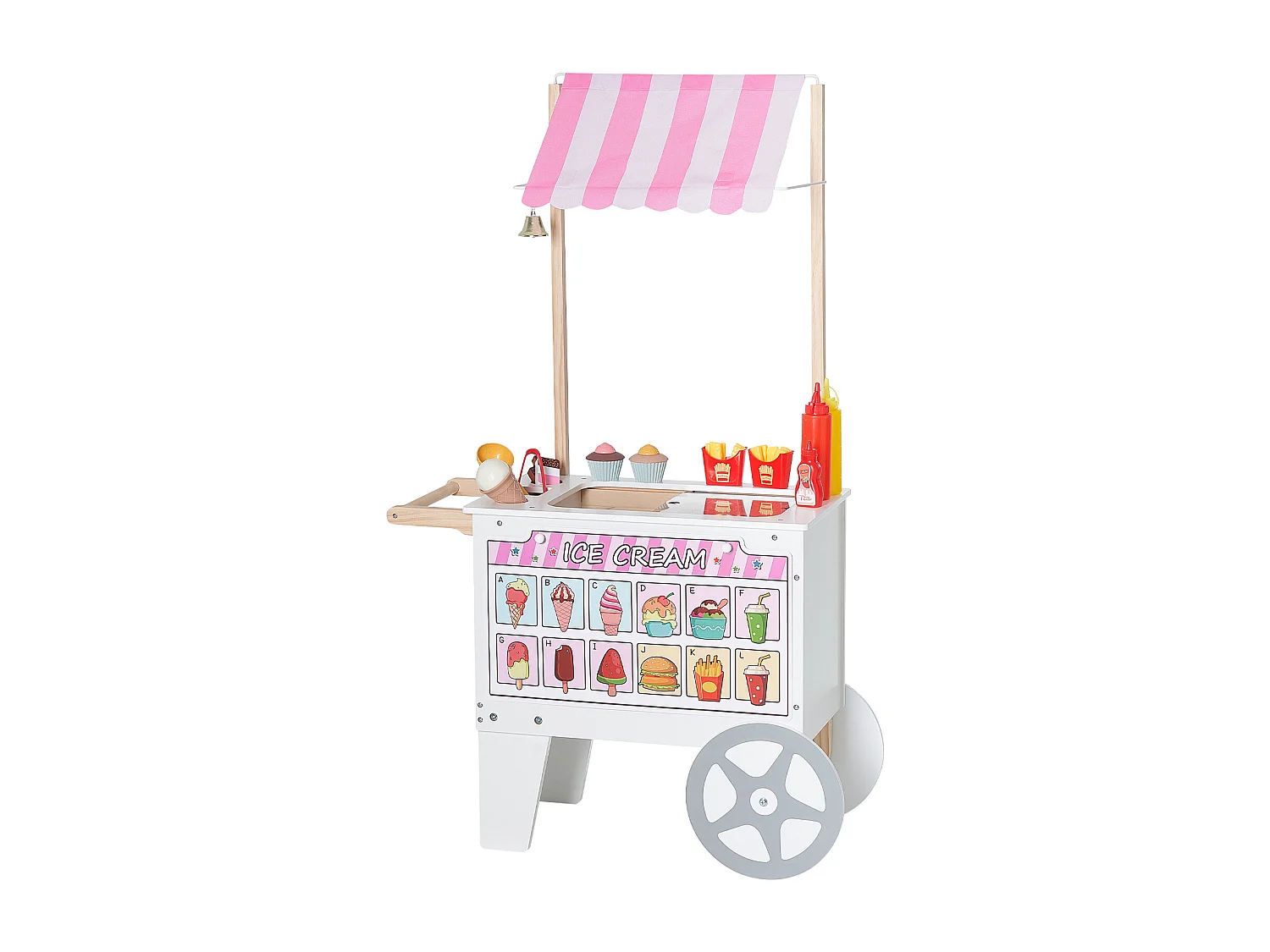 Chariot à Glaces SucceBuy pour Enfants, 20+ Accessoires, Jeu d'Imitation de Stand Glacier, avec Cornet de Glace, Glace à l'Eau, pour Tout-Petits de 3-7 Ans