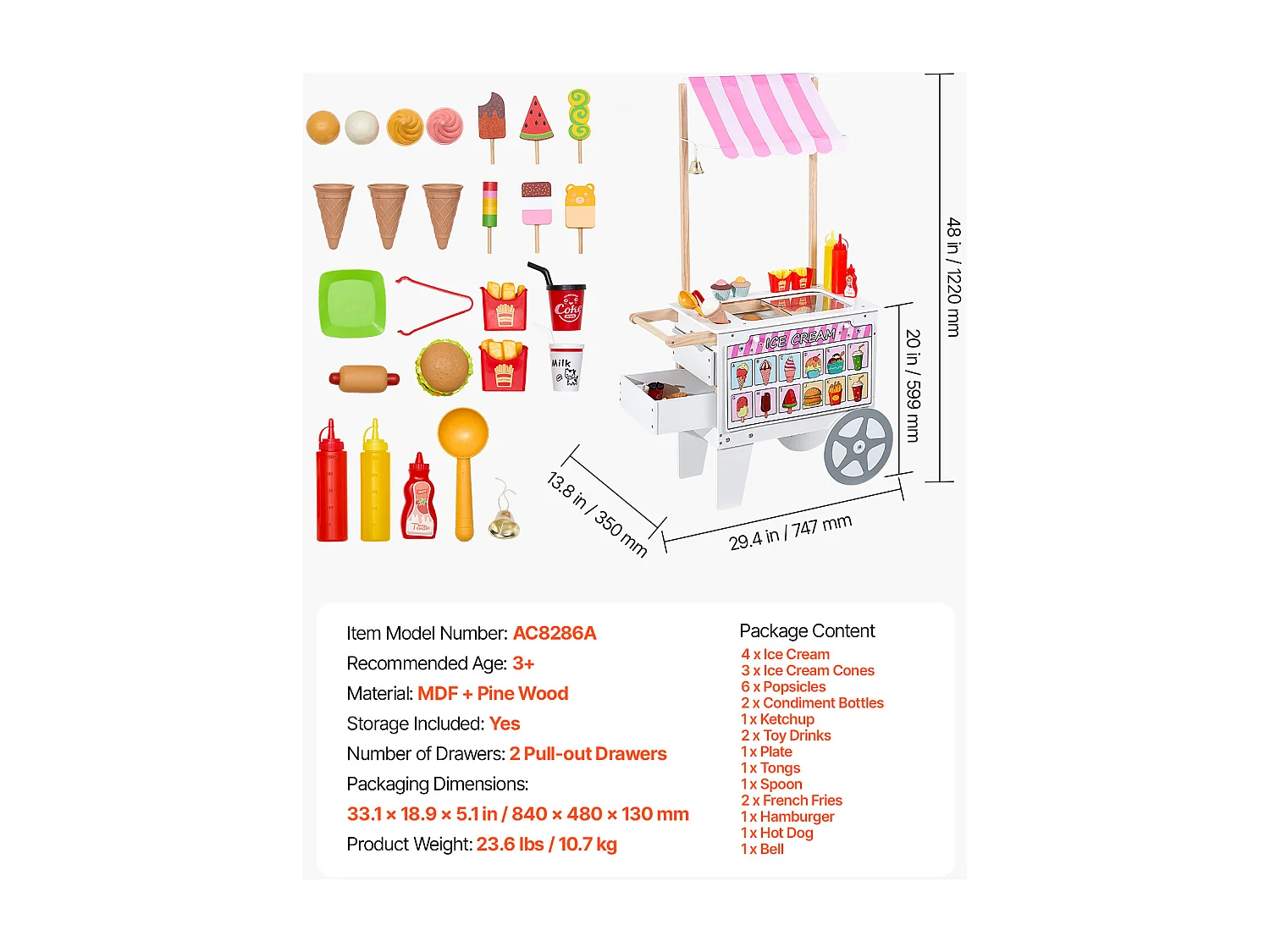 Chariot à Glaces SucceBuy pour Enfants, 20+ Accessoires, Jeu d'Imitation de Stand Glacier, avec Cornet de Glace, Glace à l'Eau, pour Tout-Petits de 3-7 Ans