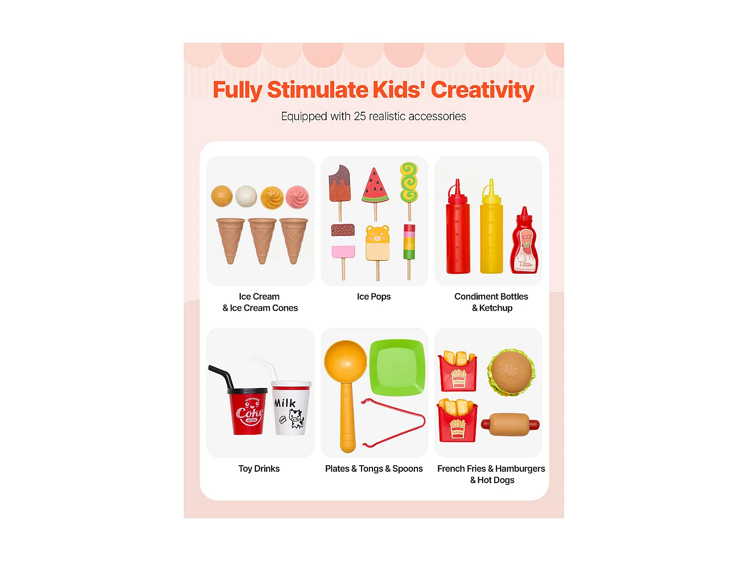 Chariot à Glaces SucceBuy pour Enfants, 20+ Accessoires, Jeu d'Imitation de Stand Glacier, avec Cornet de Glace, Glace à l'Eau, pour Tout-Petits de 3-7 Ans