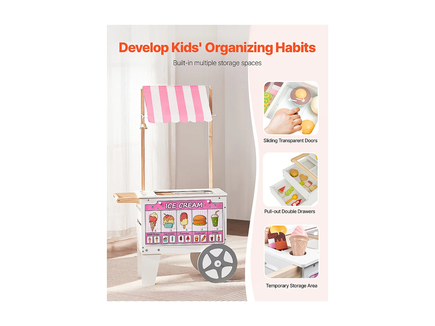 Chariot à Glaces SucceBuy pour Enfants, 20+ Accessoires, Jeu d'Imitation de Stand Glacier, avec Cornet de Glace, Glace à l'Eau, pour Tout-Petits de 3-7 Ans