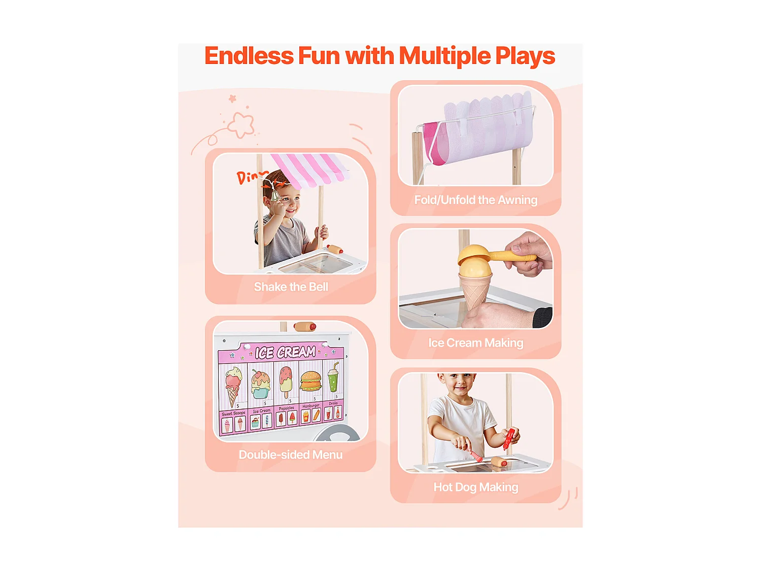 Chariot à Glaces SucceBuy pour Enfants, 20+ Accessoires, Jeu d'Imitation de Stand Glacier, avec Cornet de Glace, Glace à l'Eau, pour Tout-Petits de 3-7 Ans