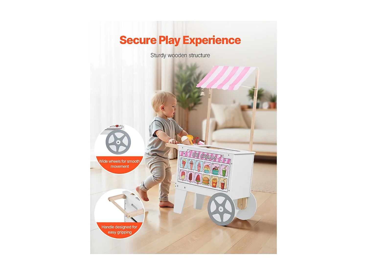 Chariot à Glaces SucceBuy pour Enfants, 20+ Accessoires, Jeu d'Imitation de Stand Glacier, avec Cornet de Glace, Glace à l'Eau, pour Tout-Petits de 3-7 Ans