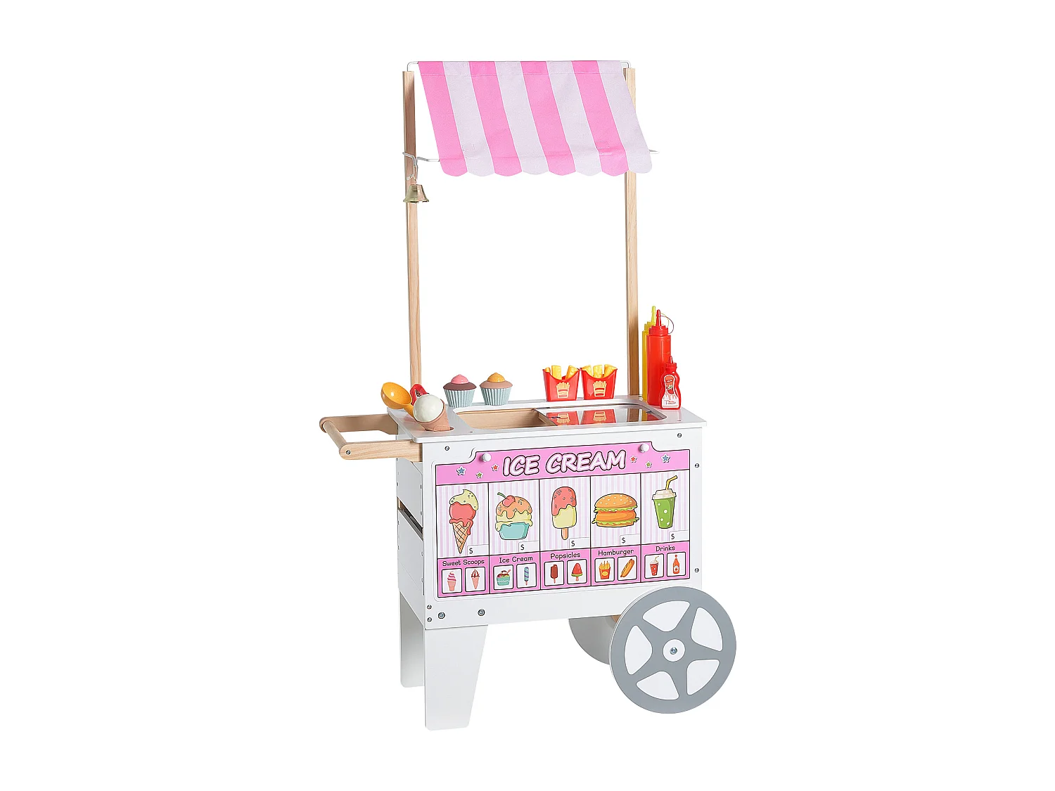 Chariot à Glaces SucceBuy pour Enfants, 20+ Accessoires, Jeu d'Imitation de Stand Glacier, avec Cornet de Glace, Glace à l'Eau, pour Tout-Petits de 3-7 Ans