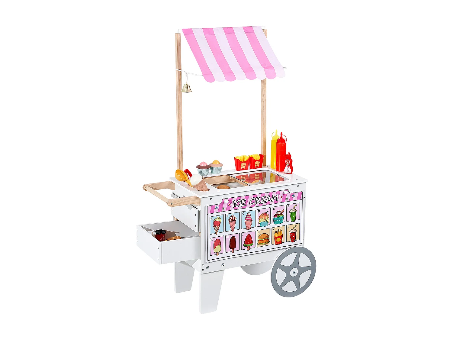 Chariot à Glaces SucceBuy pour Enfants, 20+ Accessoires, Jeu d'Imitation de Stand Glacier, avec Cornet de Glace, Glace à l'Eau, pour Tout-Petits de 3-7 Ans