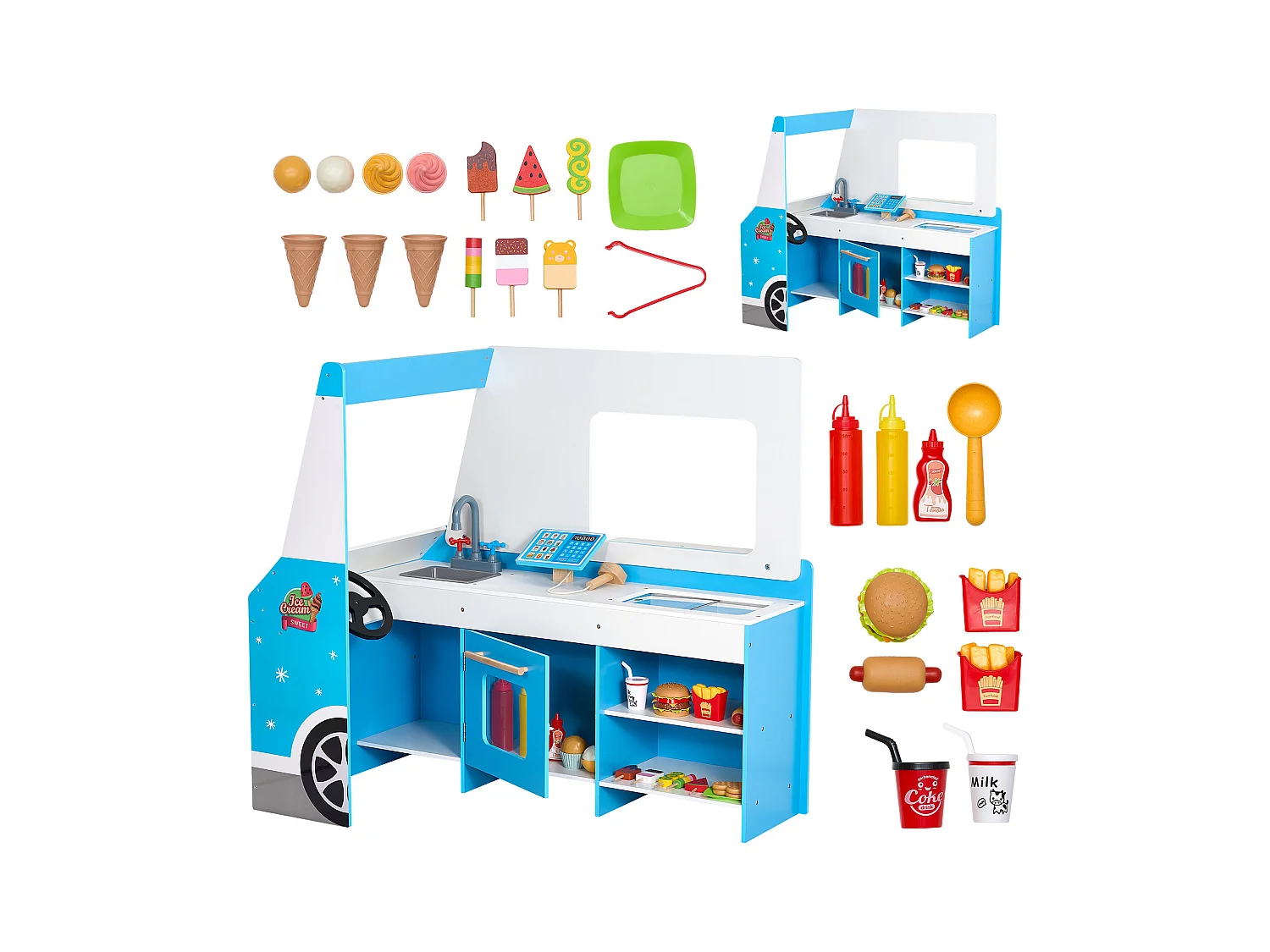 Chariot à Glaces SucceBuy pour Enfants, 20+ Accessoires, Jeu d'Imitation de Stand Glacier Bois, avec Volant, Tableau Noir, pour Tout-Petits de 3-7 Ans
