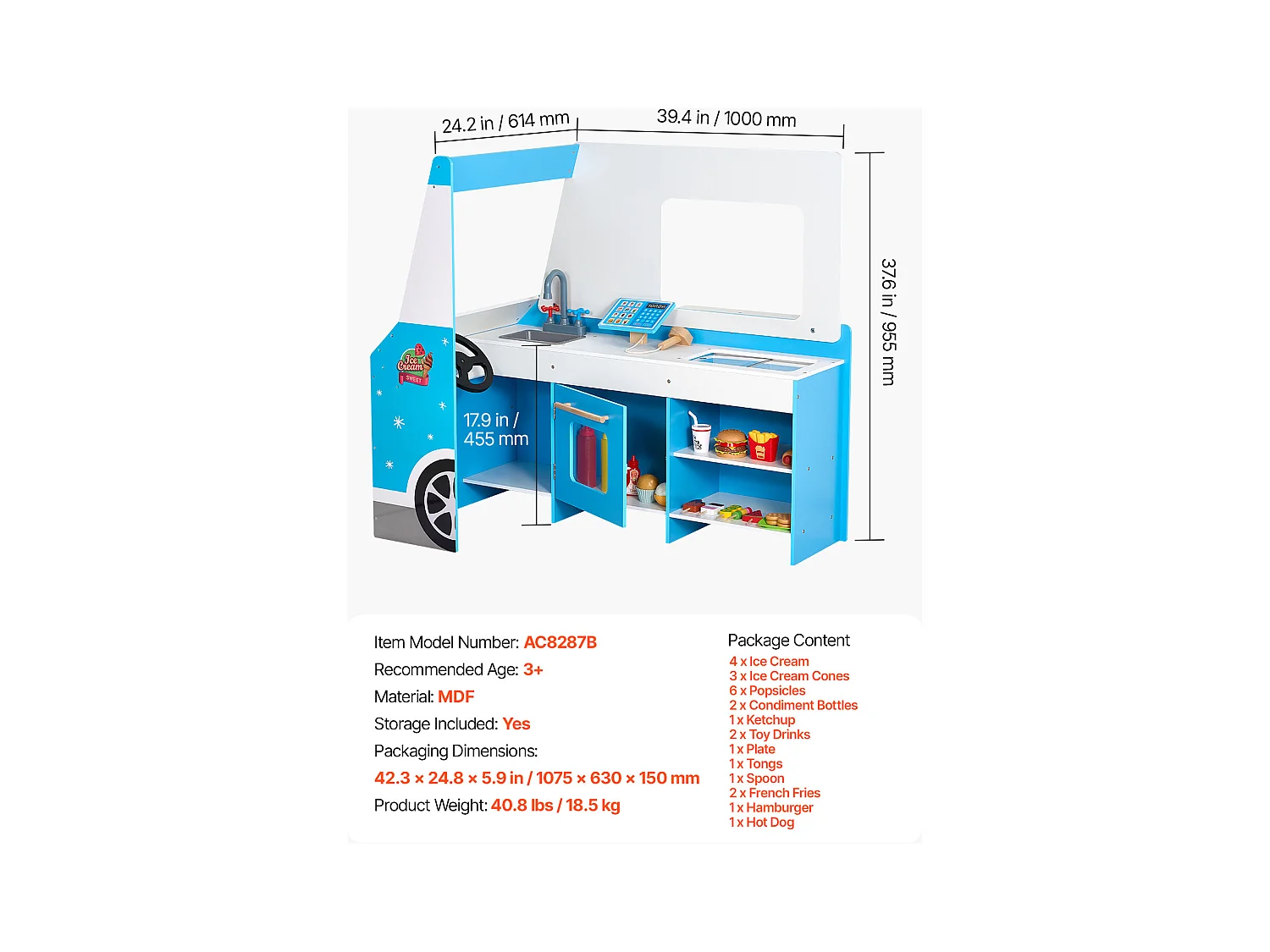 Chariot à Glaces SucceBuy pour Enfants, 20+ Accessoires, Jeu d'Imitation de Stand Glacier Bois, avec Volant, Tableau Noir, pour Tout-Petits de 3-7 Ans