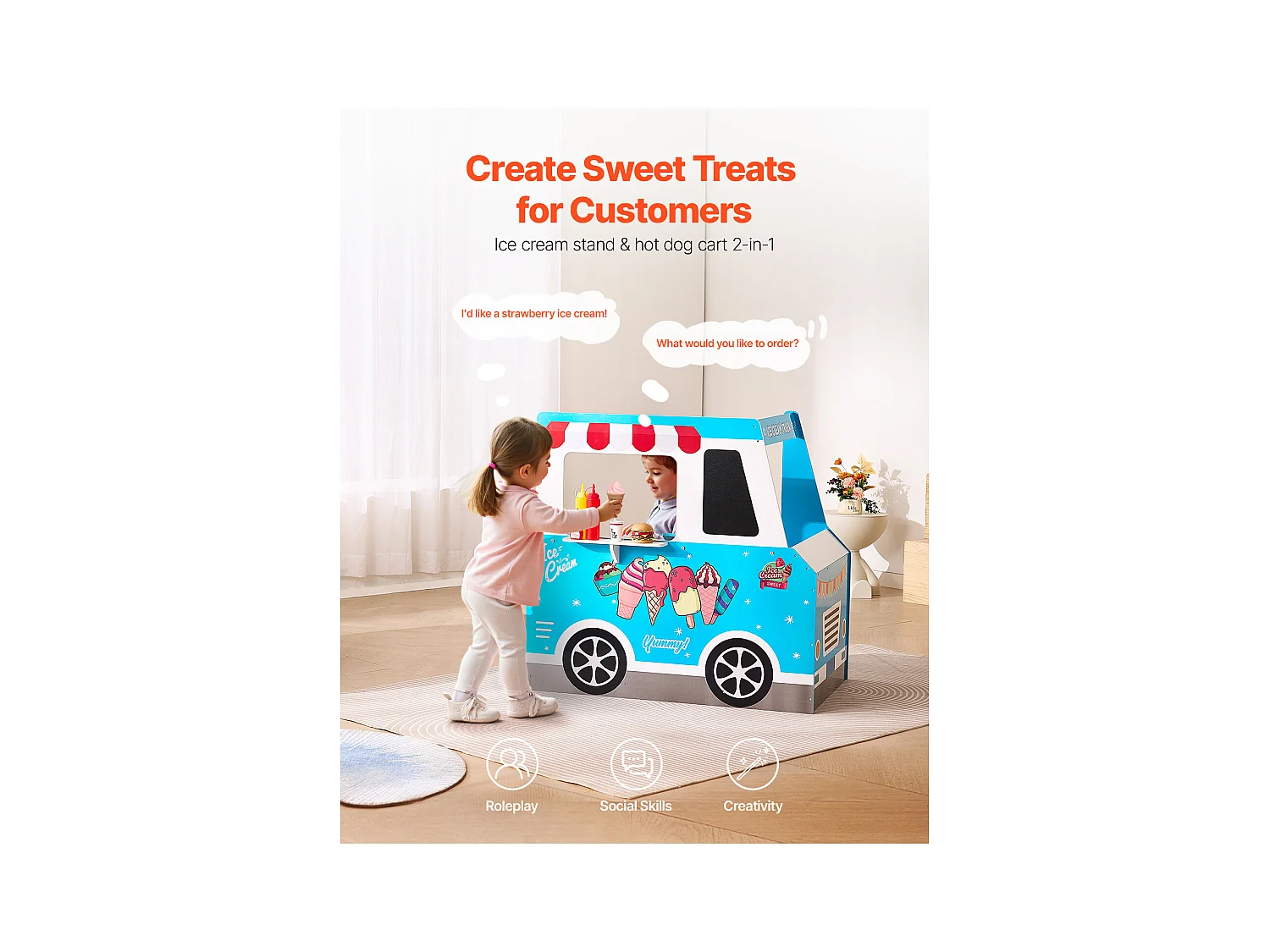 Chariot à Glaces SucceBuy pour Enfants, 20+ Accessoires, Jeu d'Imitation de Stand Glacier Bois, avec Volant, Tableau Noir, pour Tout-Petits de 3-7 Ans