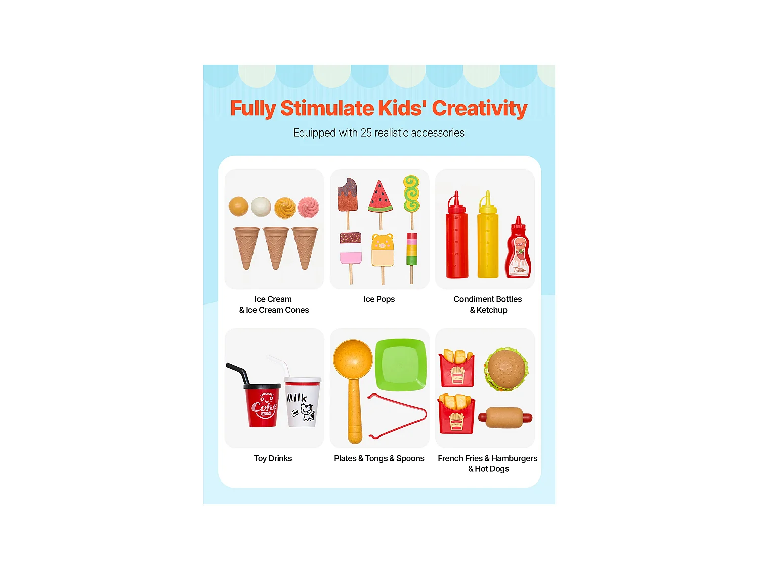 Chariot à Glaces SucceBuy pour Enfants, 20+ Accessoires, Jeu d'Imitation de Stand Glacier Bois, avec Volant, Tableau Noir, pour Tout-Petits de 3-7 Ans