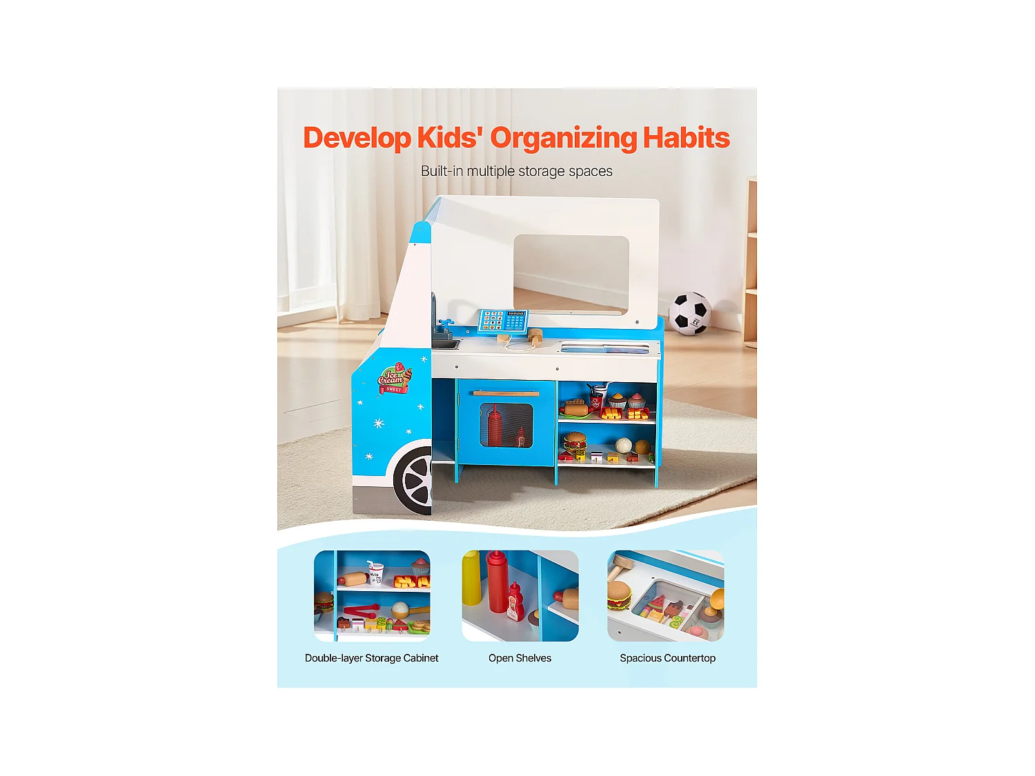 Chariot à Glaces SucceBuy pour Enfants, 20+ Accessoires, Jeu d'Imitation de Stand Glacier Bois, avec Volant, Tableau Noir, pour Tout-Petits de 3-7 Ans