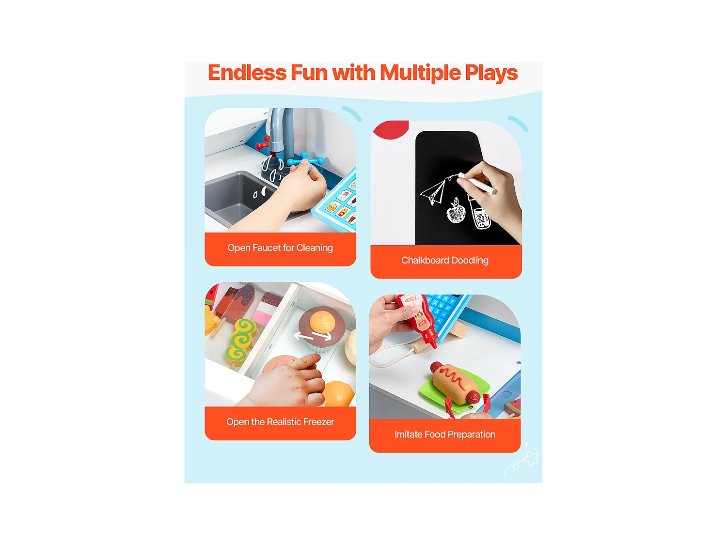 Chariot à Glaces SucceBuy pour Enfants, 20+ Accessoires, Jeu d'Imitation de Stand Glacier Bois, avec Volant, Tableau Noir, pour Tout-Petits de 3-7 Ans