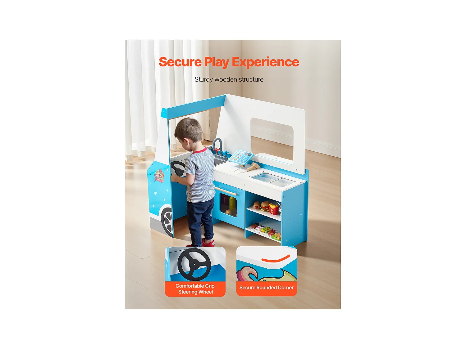 Chariot à Glaces SucceBuy pour Enfants, 20+ Accessoires, Jeu d'Imitation de Stand Glacier Bois, avec Volant, Tableau Noir, pour Tout-Petits de 3-7 Ans