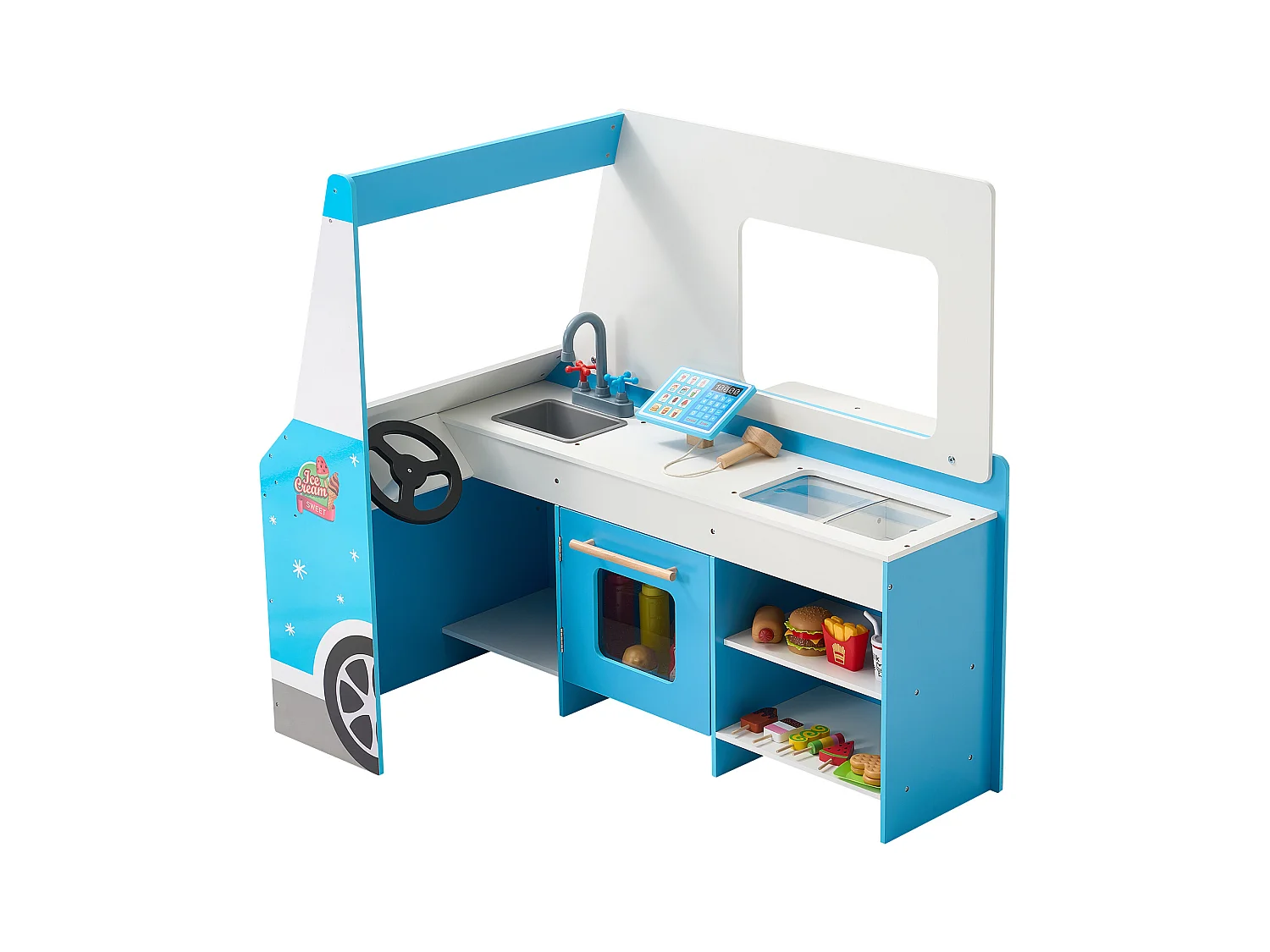 Chariot à Glaces SucceBuy pour Enfants, 20+ Accessoires, Jeu d'Imitation de Stand Glacier Bois, avec Volant, Tableau Noir, pour Tout-Petits de 3-7 Ans