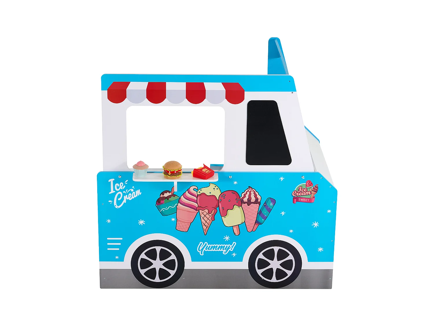 Chariot à Glaces SucceBuy pour Enfants, 20+ Accessoires, Jeu d'Imitation de Stand Glacier Bois, avec Volant, Tableau Noir, pour Tout-Petits de 3-7 Ans