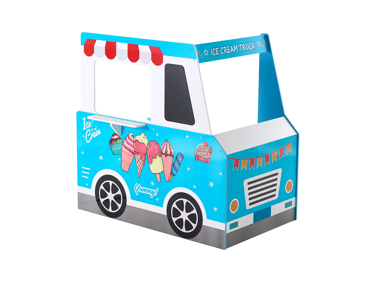 Chariot à Glaces SucceBuy pour Enfants, 20+ Accessoires, Jeu d'Imitation de Stand Glacier Bois, avec Volant, Tableau Noir, pour Tout-Petits de 3-7 Ans