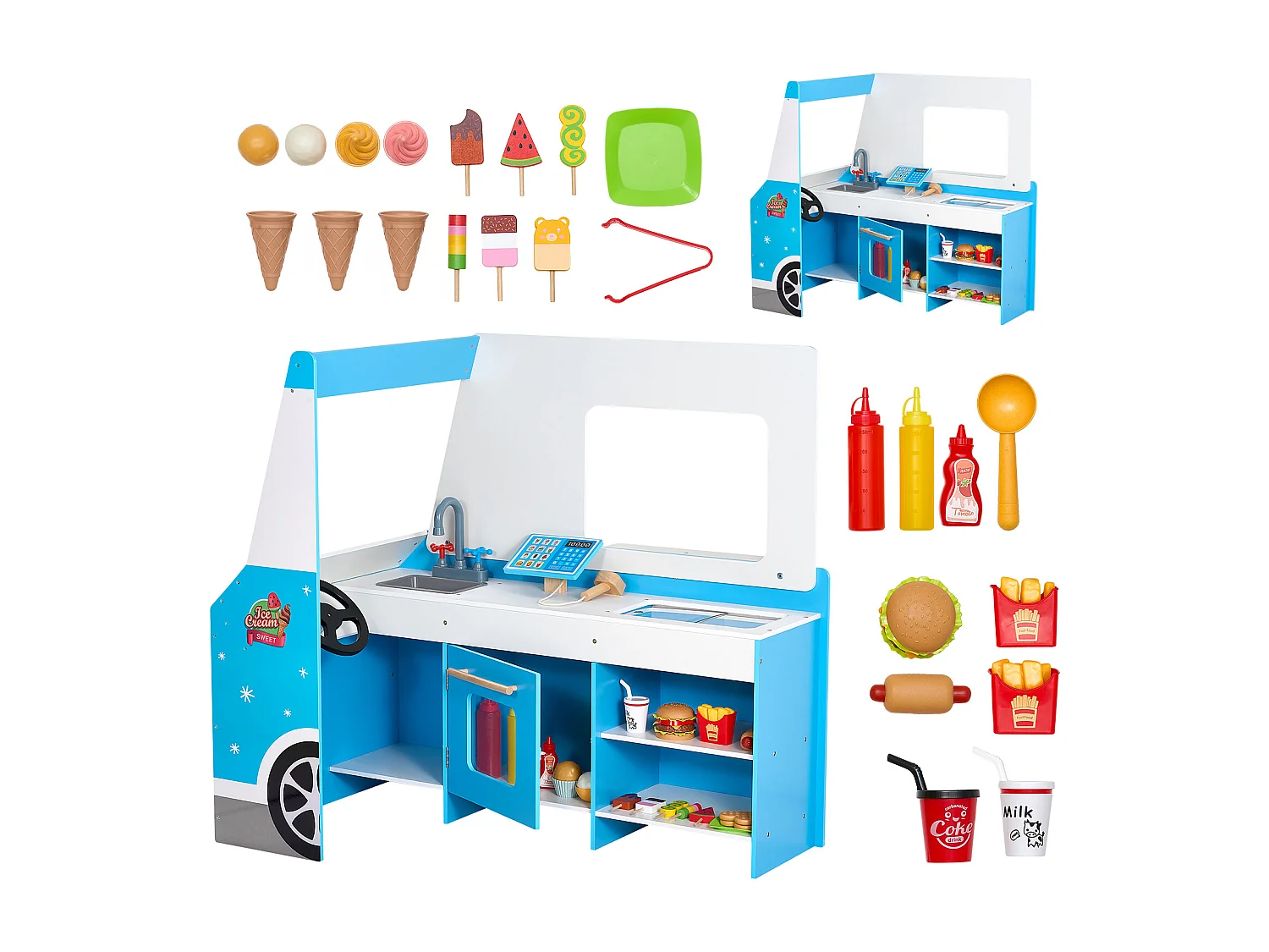 Chariot à Glaces SucceBuy pour Enfants, 20+ Accessoires, Jeu d'Imitation de Stand Glacier Bois, avec Volant, Tableau Noir, pour Tout-Petits de 3-7 Ans