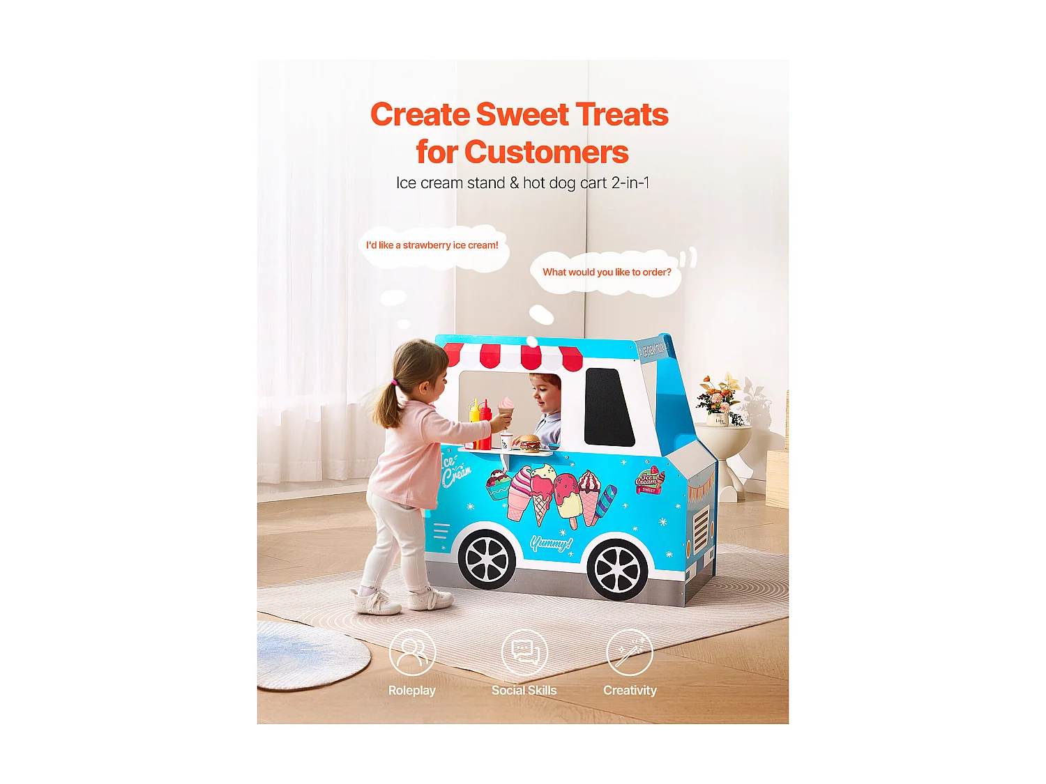 Chariot à Glaces SucceBuy pour Enfants, 20+ Accessoires, Jeu d'Imitation de Stand Glacier Bois, avec Volant, Tableau Noir, pour Tout-Petits de 3-7 Ans