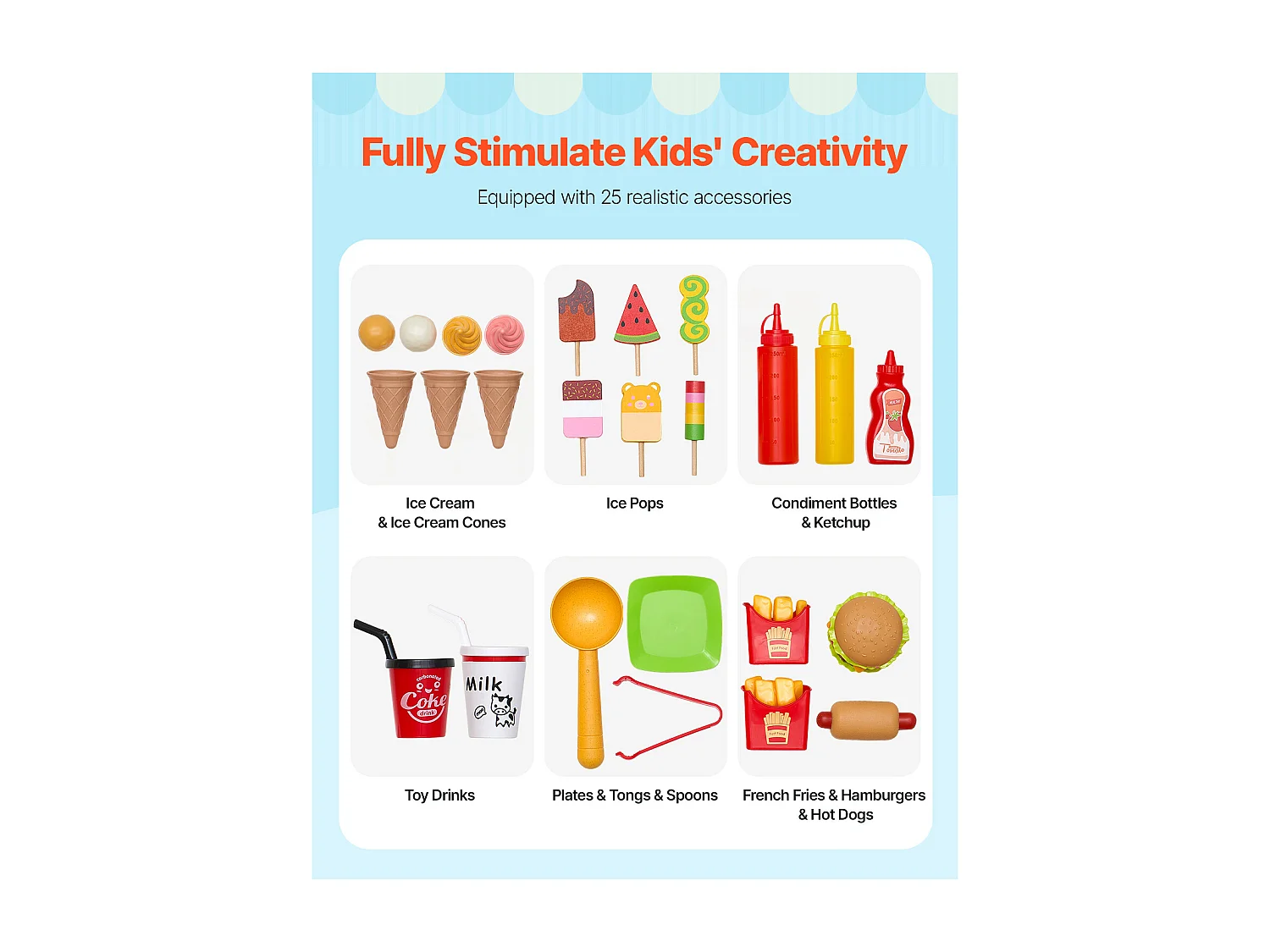 Chariot à Glaces SucceBuy pour Enfants, 20+ Accessoires, Jeu d'Imitation de Stand Glacier Bois, avec Volant, Tableau Noir, pour Tout-Petits de 3-7 Ans