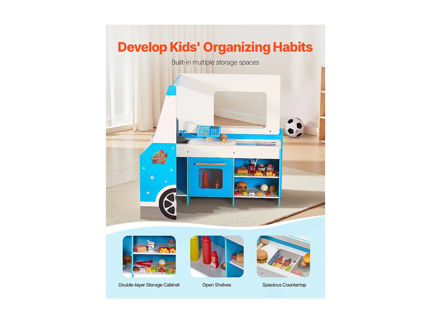 Chariot à Glaces SucceBuy pour Enfants, 20+ Accessoires, Jeu d'Imitation de Stand Glacier Bois, avec Volant, Tableau Noir, pour Tout-Petits de 3-7 Ans