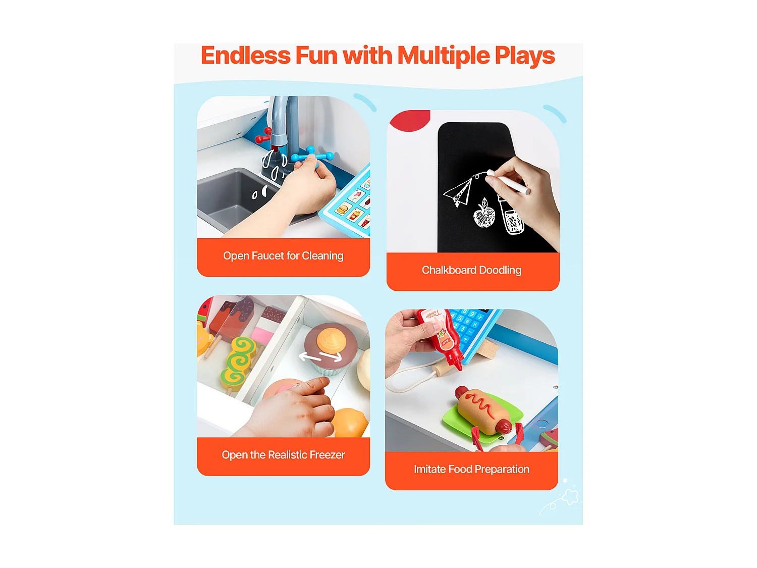 Chariot à Glaces SucceBuy pour Enfants, 20+ Accessoires, Jeu d'Imitation de Stand Glacier Bois, avec Volant, Tableau Noir, pour Tout-Petits de 3-7 Ans