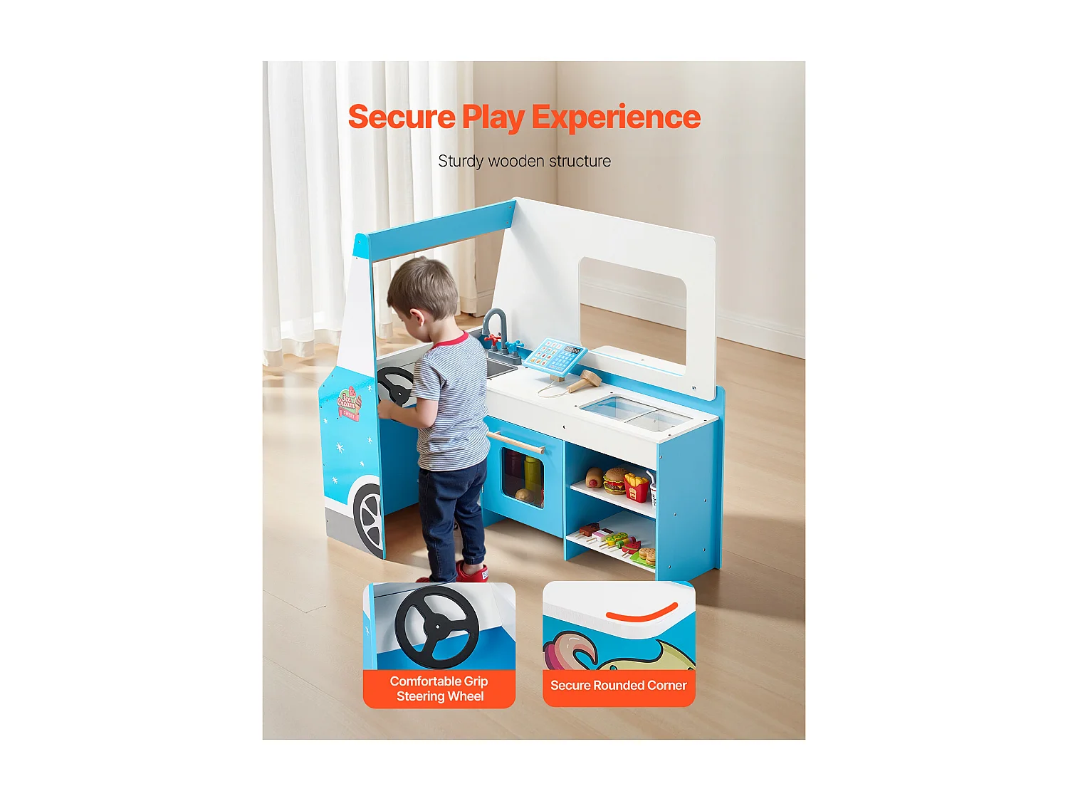 Chariot à Glaces SucceBuy pour Enfants, 20+ Accessoires, Jeu d'Imitation de Stand Glacier Bois, avec Volant, Tableau Noir, pour Tout-Petits de 3-7 Ans