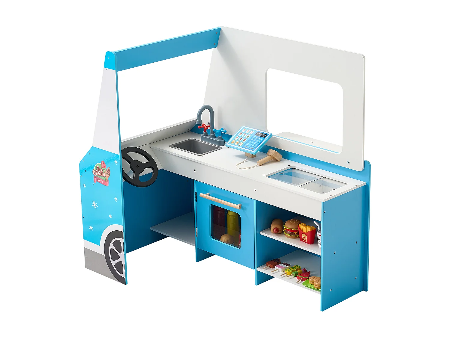 Chariot à Glaces SucceBuy pour Enfants, 20+ Accessoires, Jeu d'Imitation de Stand Glacier Bois, avec Volant, Tableau Noir, pour Tout-Petits de 3-7 Ans
