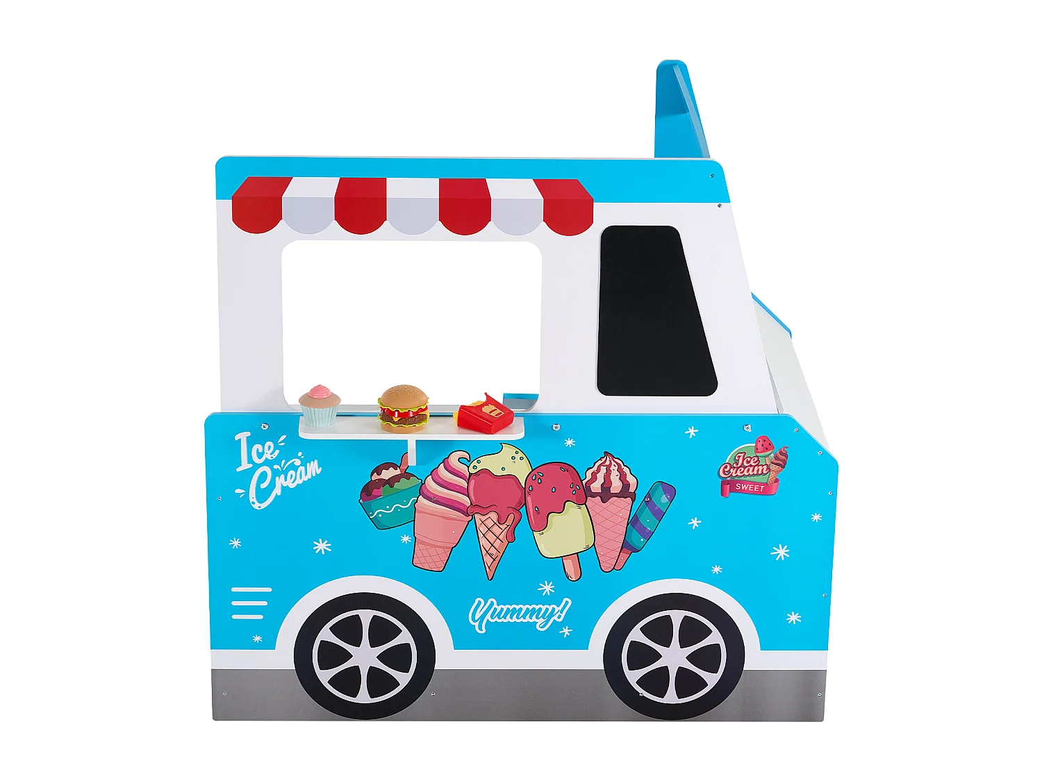 Chariot à Glaces SucceBuy pour Enfants, 20+ Accessoires, Jeu d'Imitation de Stand Glacier Bois, avec Volant, Tableau Noir, pour Tout-Petits de 3-7 Ans