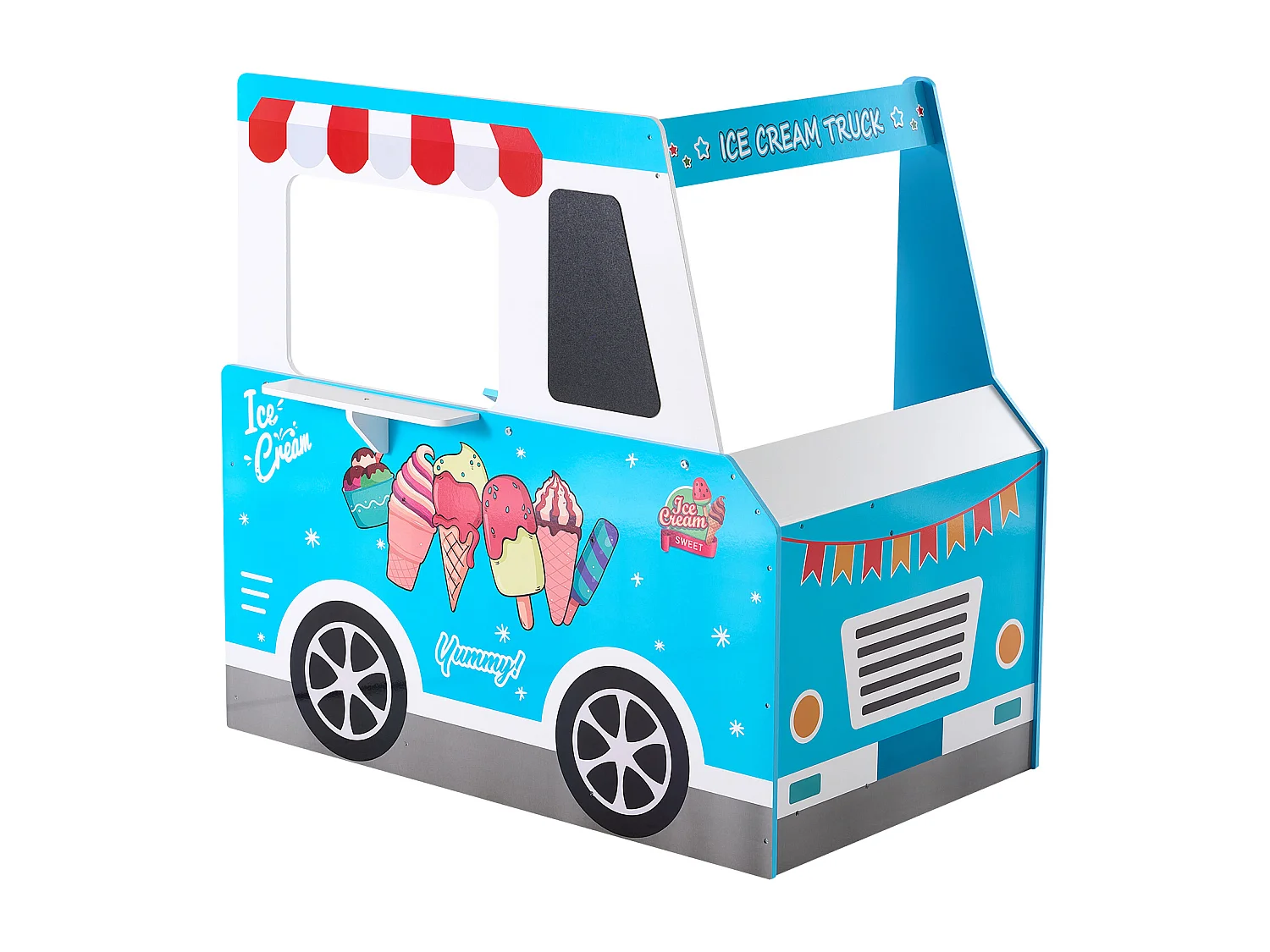 Chariot à Glaces SucceBuy pour Enfants, 20+ Accessoires, Jeu d'Imitation de Stand Glacier Bois, avec Volant, Tableau Noir, pour Tout-Petits de 3-7 Ans