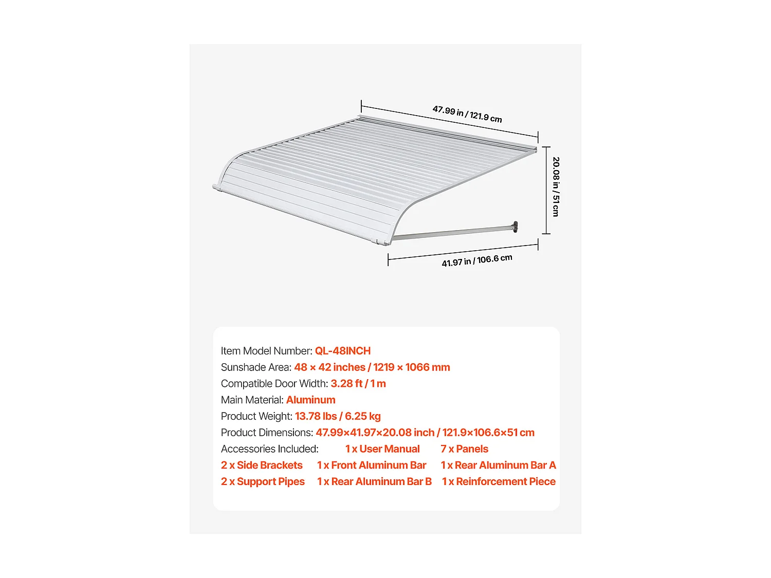 Auvent de Porte d'Entrée SucceBuy, 122x106,6 cm, Marquise de Porte Extérieure Aluminium, pour Portes d'Entrée, Fenêtres de Porches, Balcons