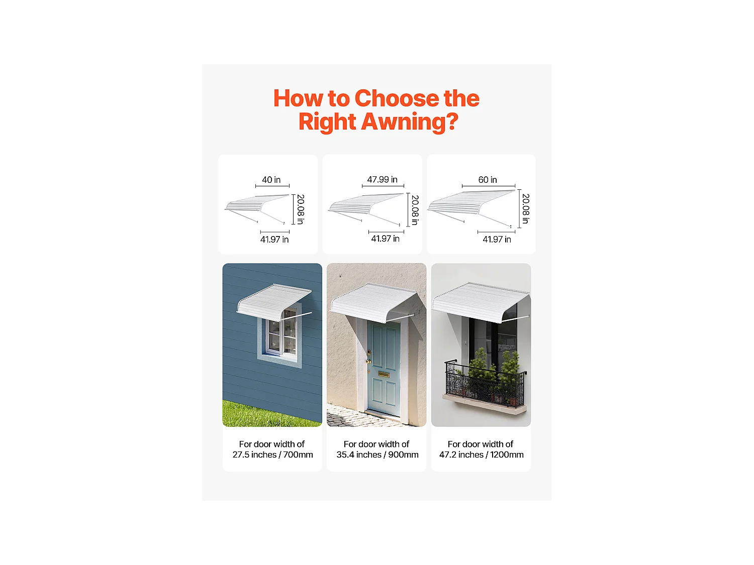 Auvent de Porte d'Entrée SucceBuy, 122x106,6 cm, Marquise de Porte Extérieure Aluminium, pour Portes d'Entrée, Fenêtres de Porches, Balcons