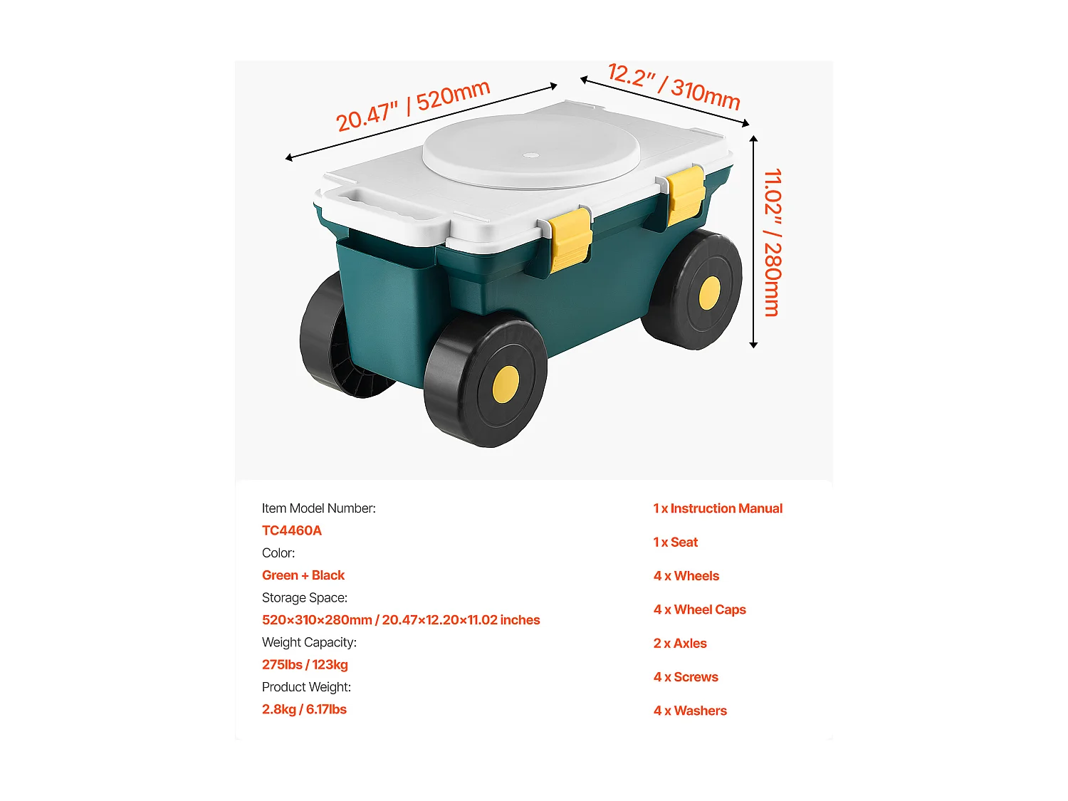 Siège de Jardin Roulant SucceBuy, Tabouret de Jardinage sur Roues Léger 2 en 1 avec Bac de Rangement, Capacité 123 kg, pour Plantation, Terrasse, Extérieur
