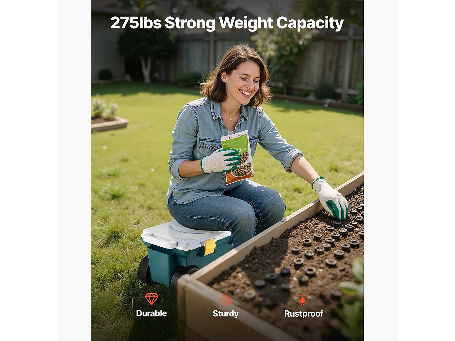 Siège de Jardin Roulant SucceBuy, Tabouret de Jardinage sur Roues Léger 2 en 1 avec Bac de Rangement, Capacité 123 kg, pour Plantation, Terrasse, Extérieur