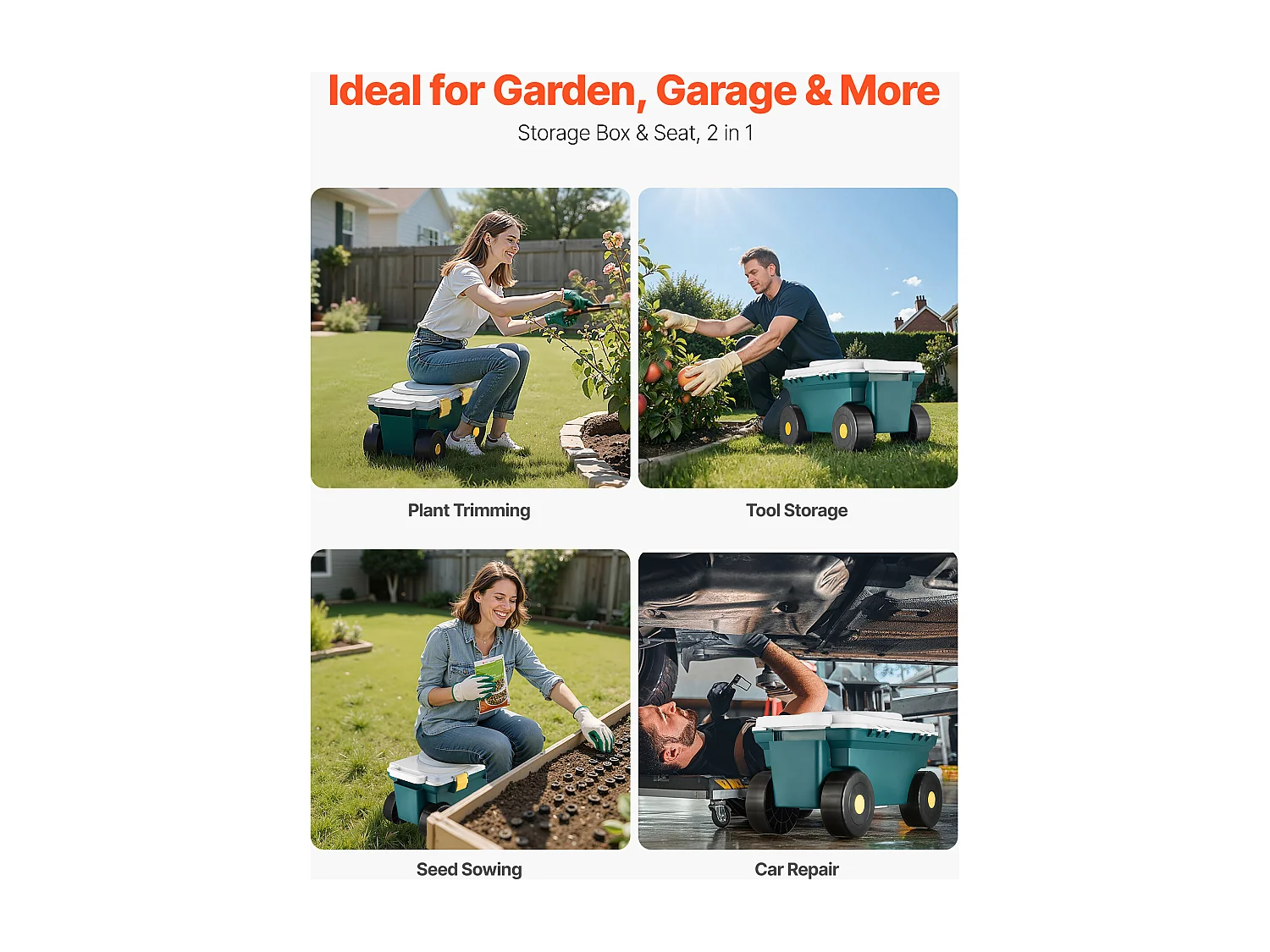 Siège de Jardin Roulant SucceBuy, Tabouret de Jardinage sur Roues Léger 2 en 1 avec Bac de Rangement, Capacité 123 kg, pour Plantation, Terrasse, Extérieur