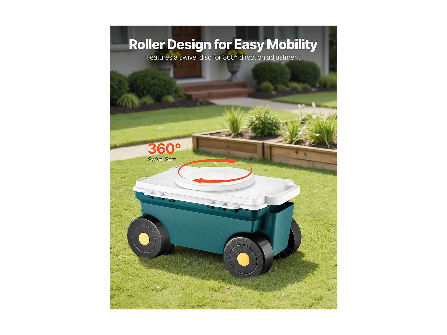 Siège de Jardin Roulant SucceBuy, Tabouret de Jardinage sur Roues Léger 2 en 1 avec Bac de Rangement, Capacité 123 kg, pour Plantation, Terrasse, Extérieur