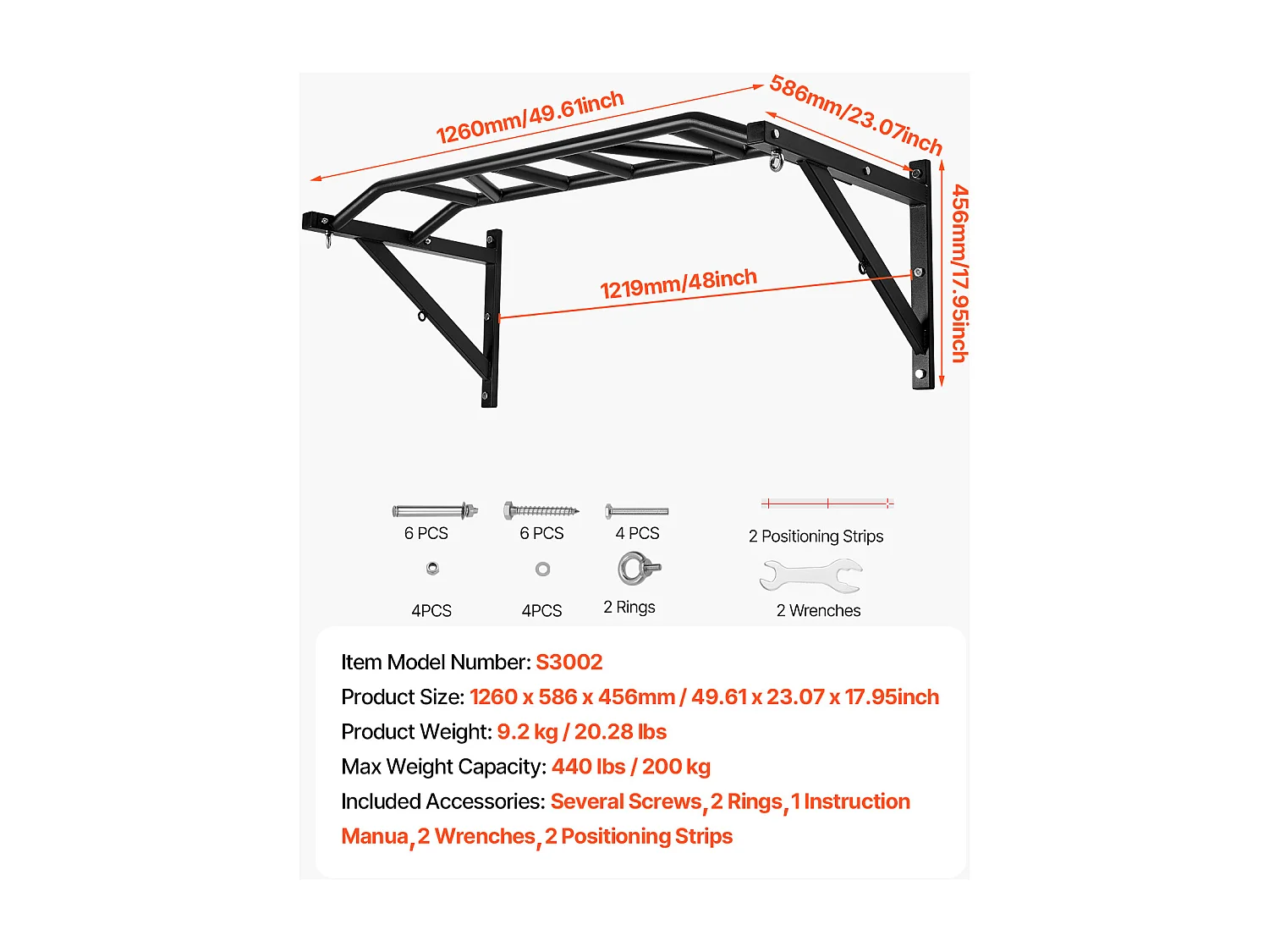 Barre de Traction Murale SucceBuy, Barre de Fitness Multi-Prise Multifonctionnelle, en Acier Robuste, 126 cm, Capacité de 200 kg, pour Salle de Sport