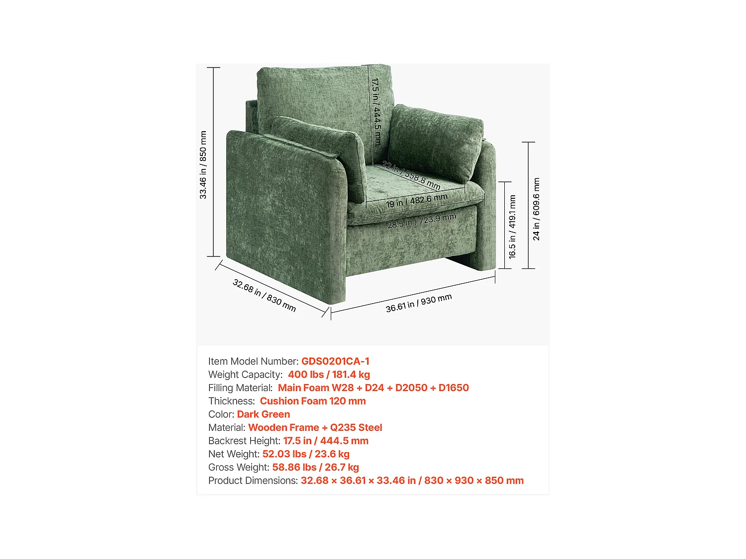 Fauteuil d'Appoint Vert SucceBuy, Chaise de Salon Moderne Rembourré avec Accoudoirs, Confortable et Simple, pour Salon, Chambre, Bureau