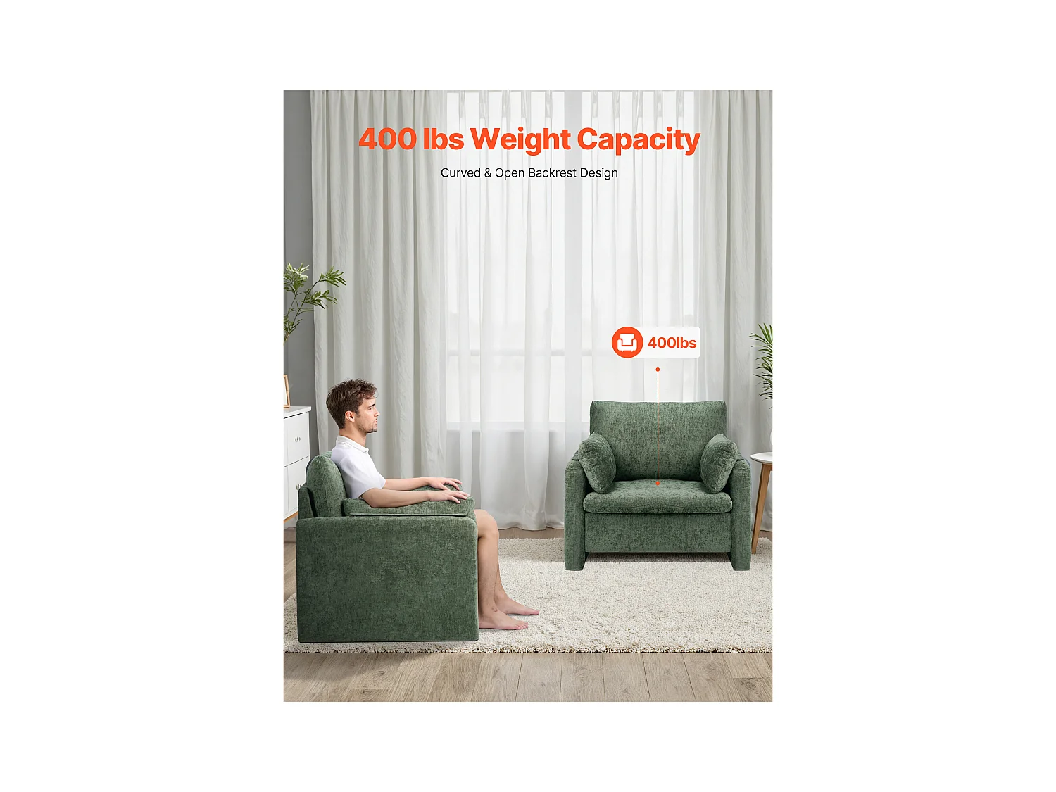 Fauteuil d'Appoint Vert SucceBuy, Chaise de Salon Moderne Rembourré avec Accoudoirs, Confortable et Simple, pour Salon, Chambre, Bureau