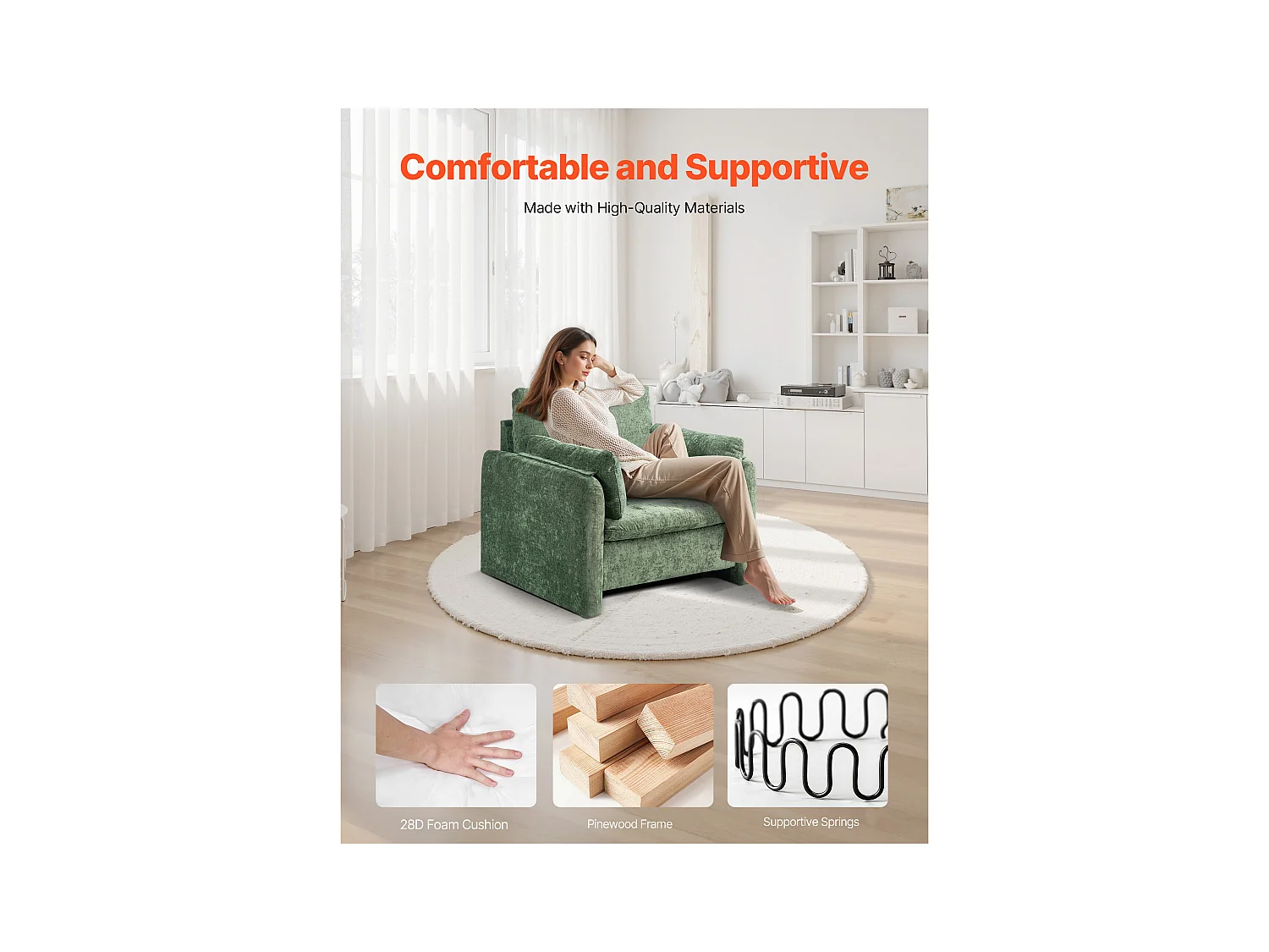 Fauteuil d'Appoint Vert SucceBuy, Chaise de Salon Moderne Rembourré avec Accoudoirs, Confortable et Simple, pour Salon, Chambre, Bureau