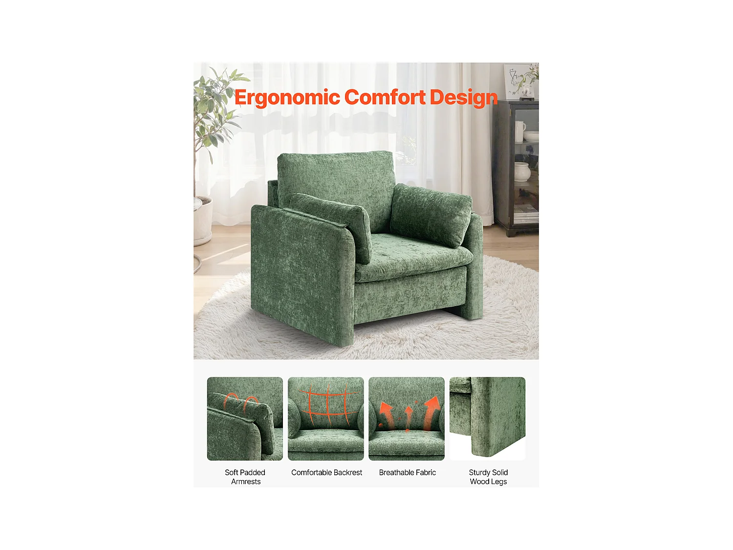 Fauteuil d'Appoint Vert SucceBuy, Chaise de Salon Moderne Rembourré avec Accoudoirs, Confortable et Simple, pour Salon, Chambre, Bureau