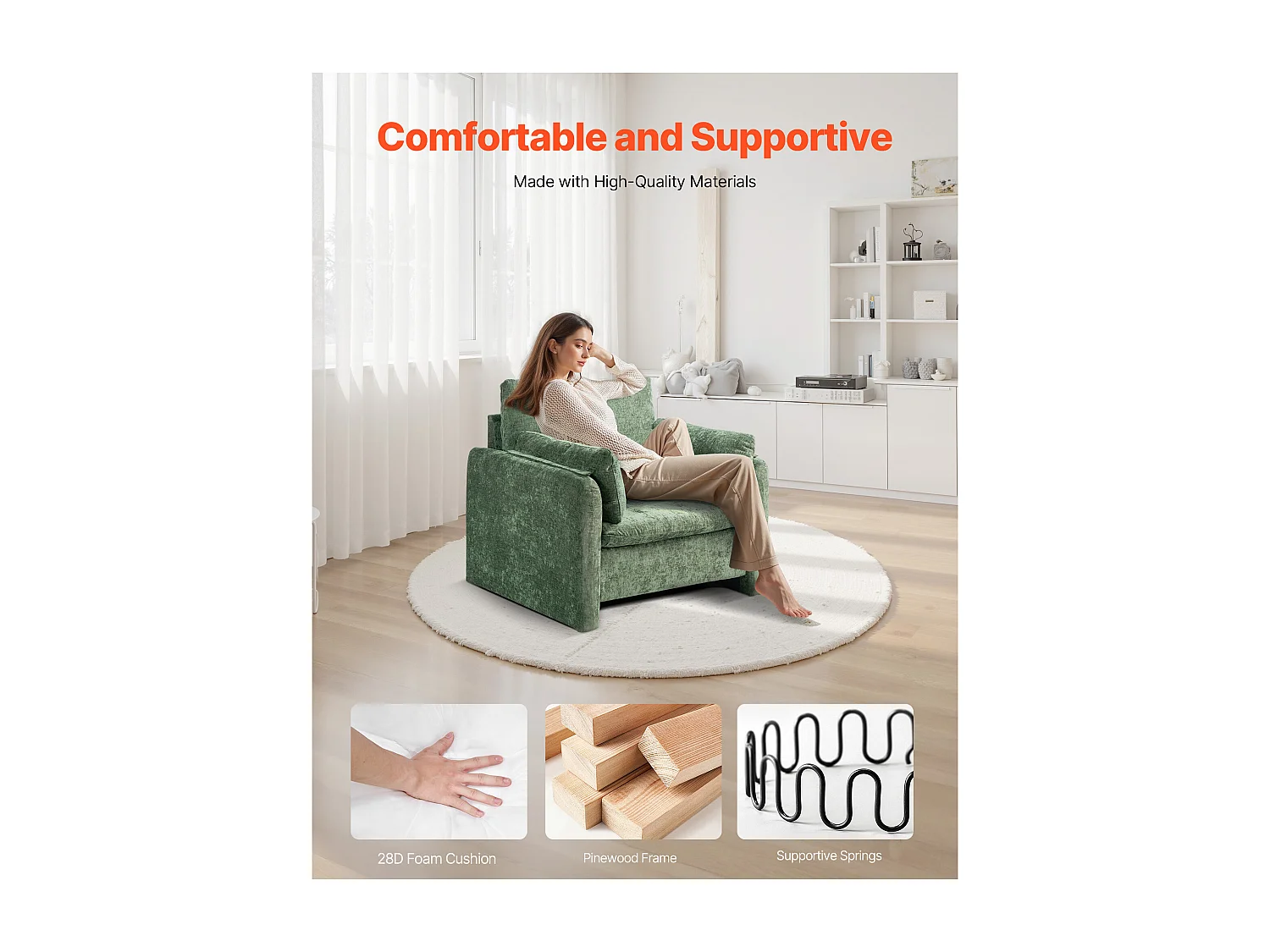 Sedia Rialzante Verde SucceBuy, Moderna Poltrona Imbottita con Braccioli, Comoda e Semplice, per Soggiorno, Camera da Letto, Ufficio