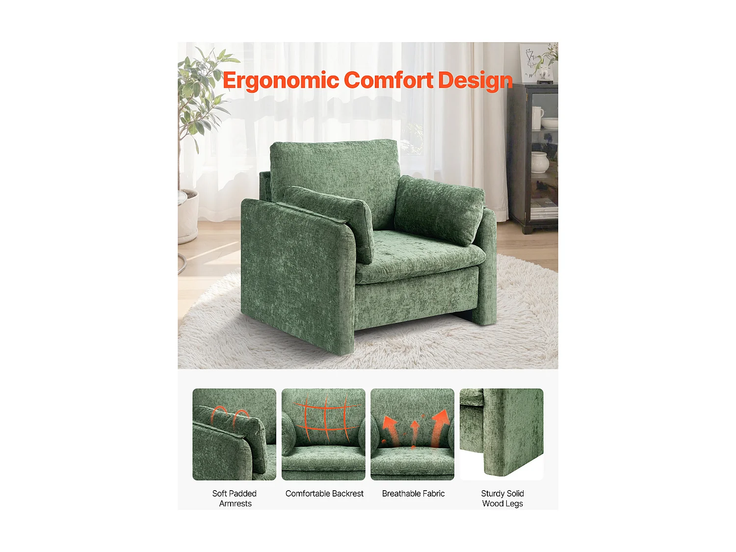 Sedia Rialzante Verde SucceBuy, Moderna Poltrona Imbottita con Braccioli, Comoda e Semplice, per Soggiorno, Camera da Letto, Ufficio