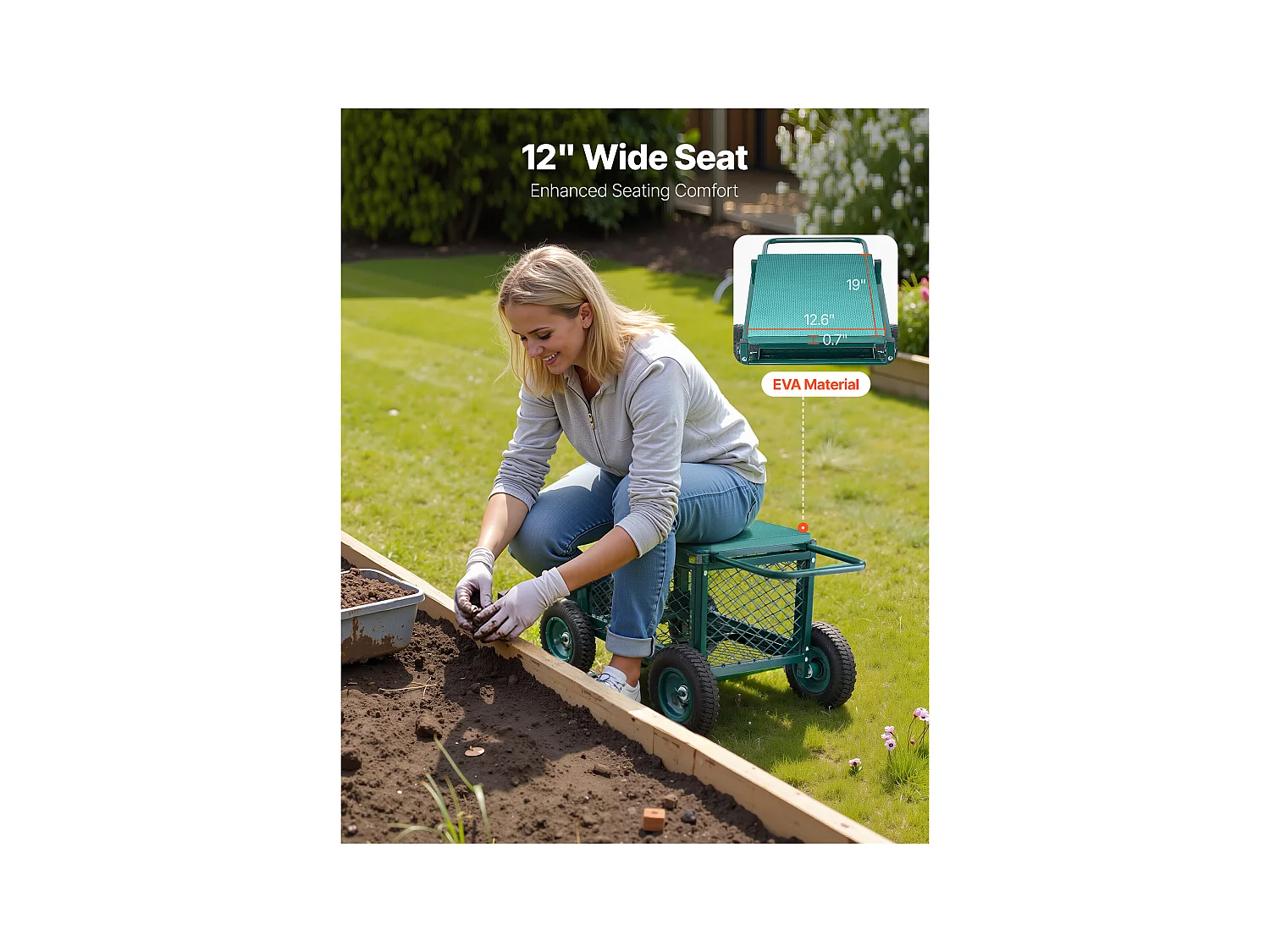 Siège de Jardin Roulant SucceBuy, Tabouret de Jardinage sur Roues Robuste avec Bac de Rangement, Capacité 181 kg, pour Plantation, Terrasse, Extérieur