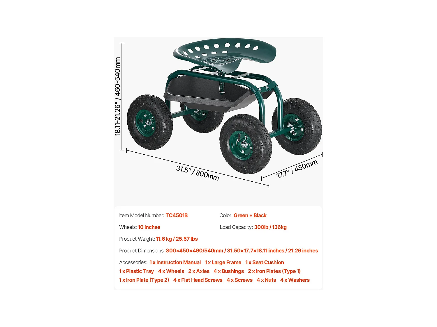 Siège de Jardin Roulant SucceBuy, Tabouret de Jardinage sur Roues Robuste avec Panier de Rangement à Outils, Capacité 136 kg, pour Plantation, Extérieur