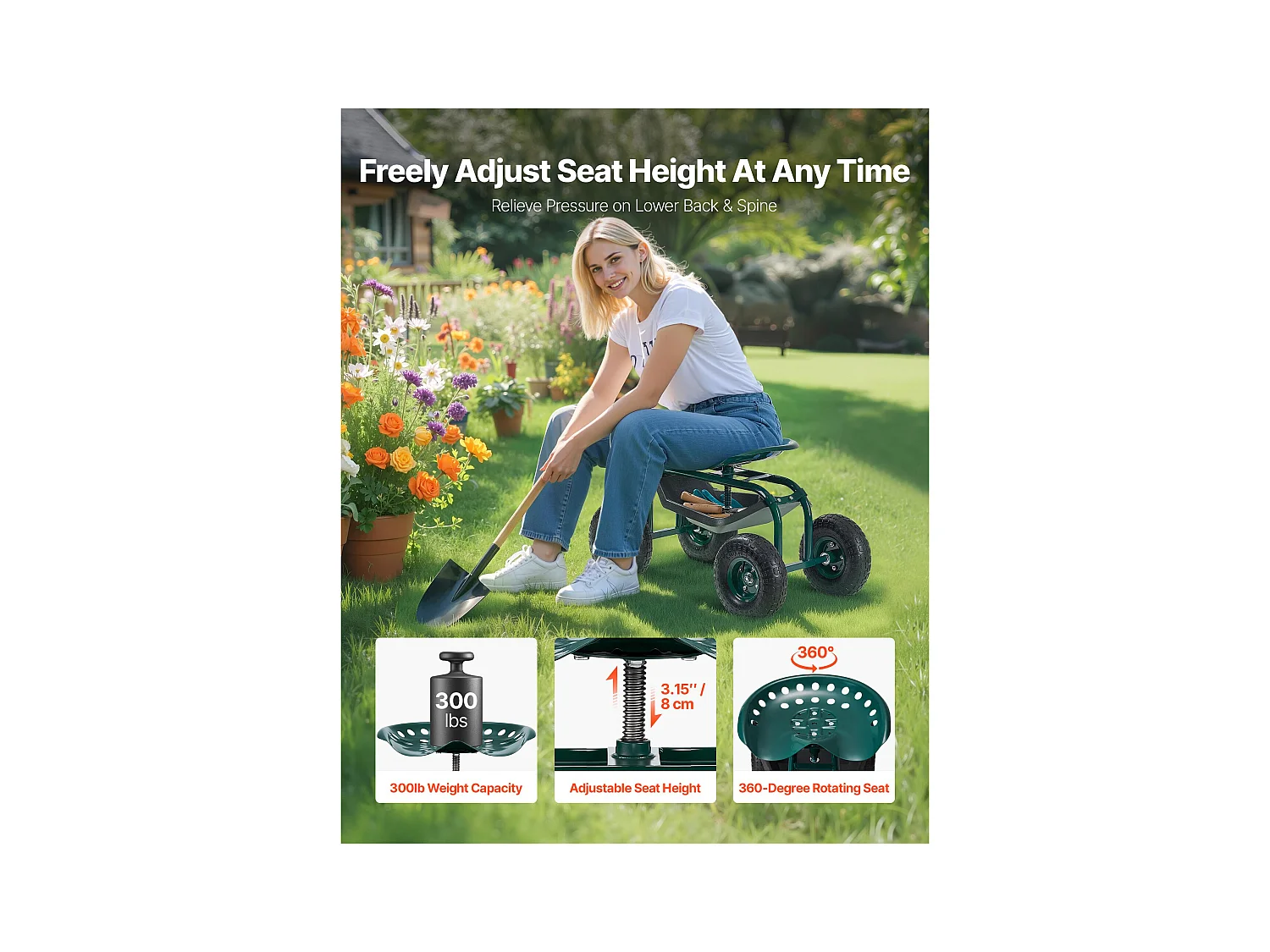 Siège de Jardin Roulant SucceBuy, Tabouret de Jardinage sur Roues Robuste avec Panier de Rangement à Outils, Capacité 136 kg, pour Plantation, Extérieur