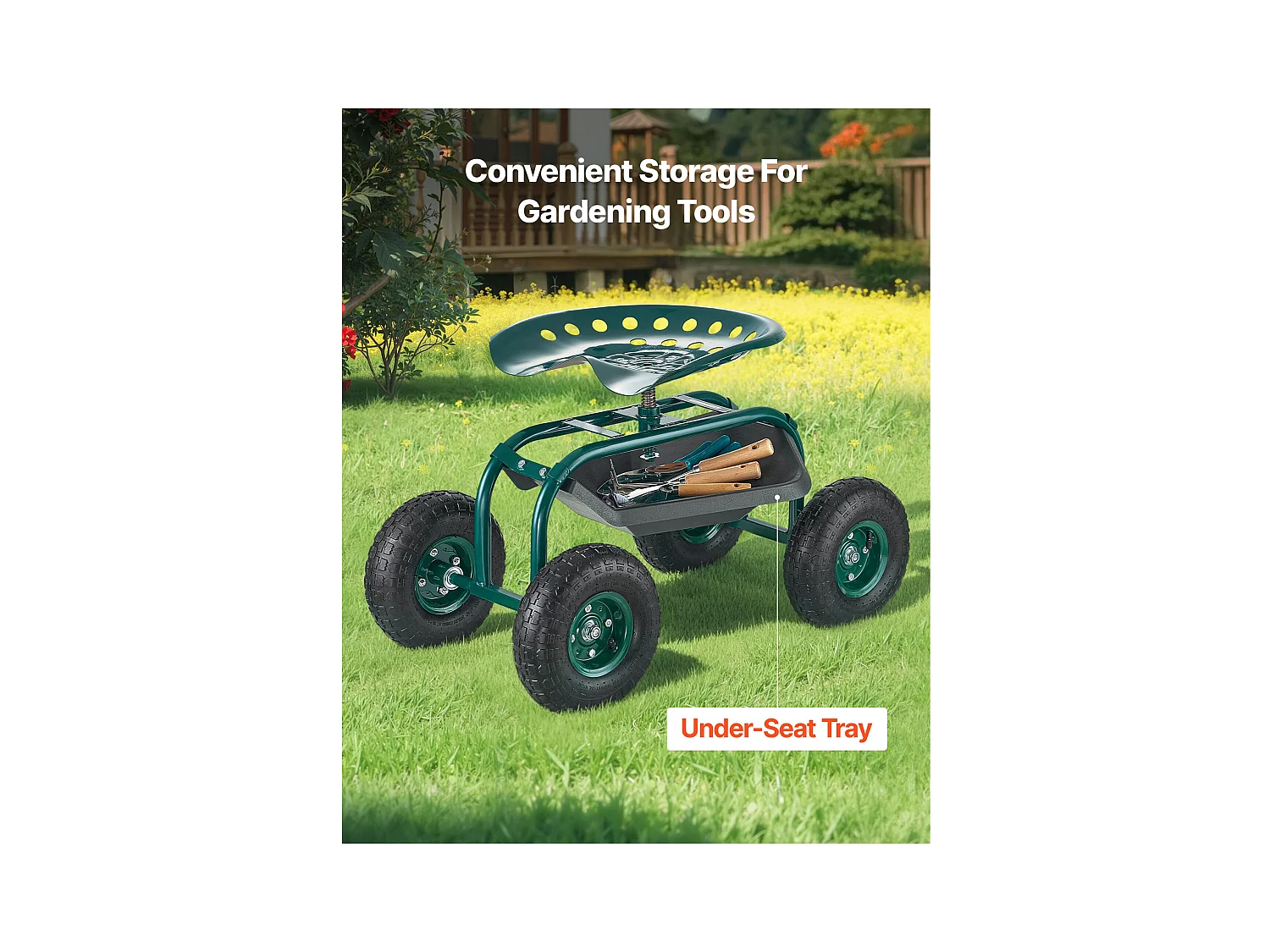 Siège de Jardin Roulant SucceBuy, Tabouret de Jardinage sur Roues Robuste avec Panier de Rangement à Outils, Capacité 136 kg, pour Plantation, Extérieur