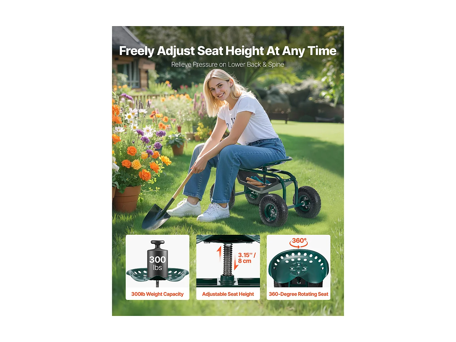 Asiento de Jardín con Ruedas SucceBuy, Taburete de Jardinería con Ruedas Robusto con Cesta de Almacenamiento para Herramientas, Capacidad 136 kg, para Exterior